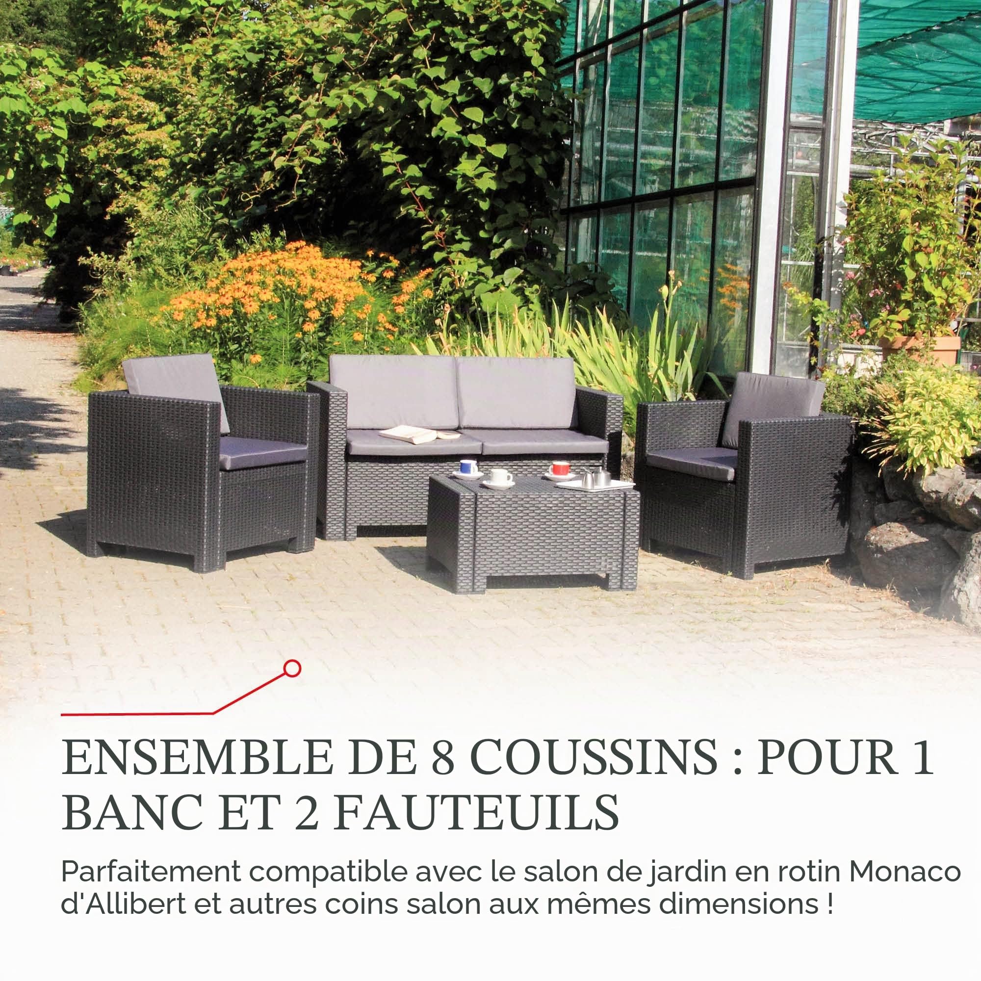 Ensemble de 8 coussins pour meubles en rotain/osier pour salon, gris foncé, rembourrage inclus 50 % coton/50 % polyester avec fermeture Éclair