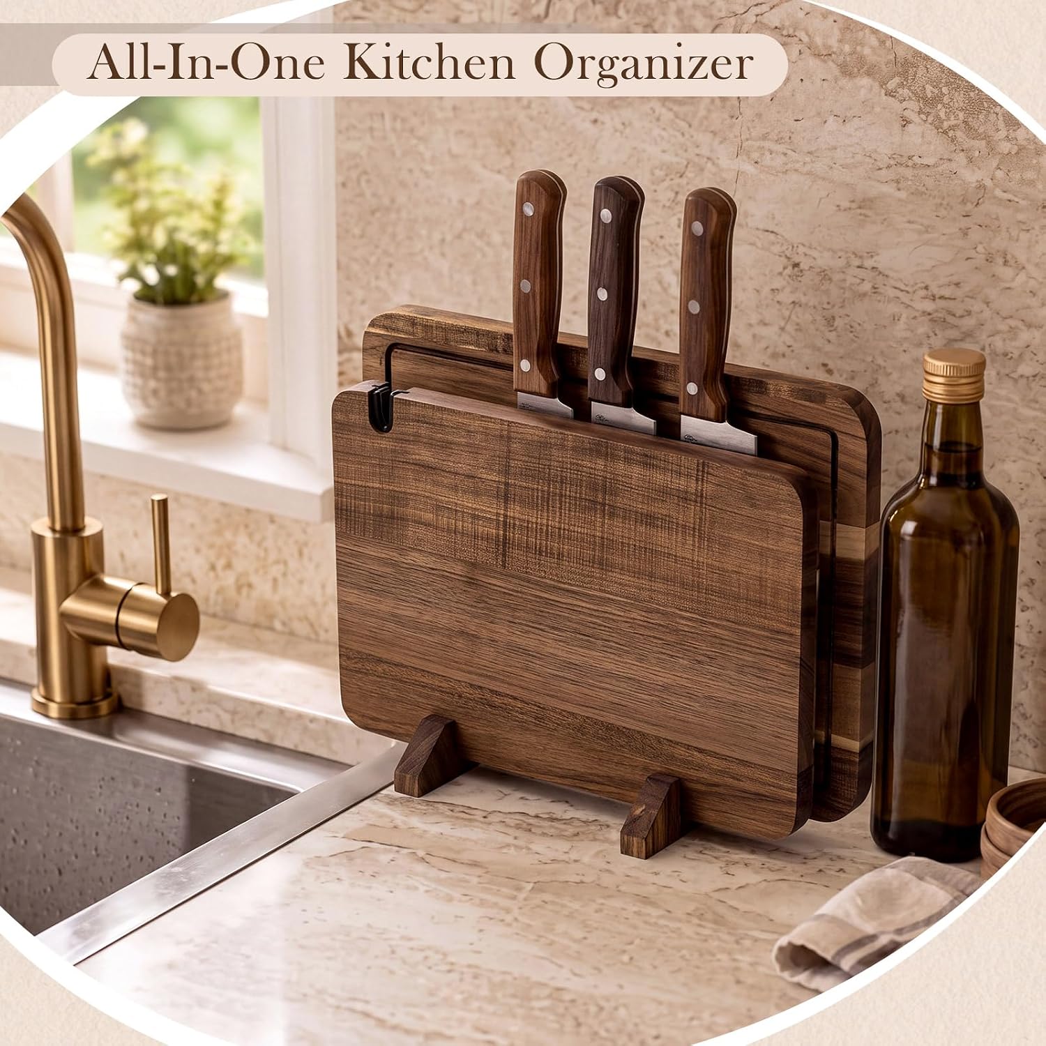 3 in 1 Acacia Wood Magnetic Knife Block, 15.5"x10.5" Cutting Board