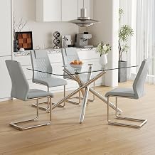 Glass Dining Table Set for 4,63Tempered Glass Rectangular Top with Metal Legs,Modern Dining Room Table Set with 6 Upholstered Chairs,5 Piece Dining Set for Kitchen Dining Room.Silver Legs