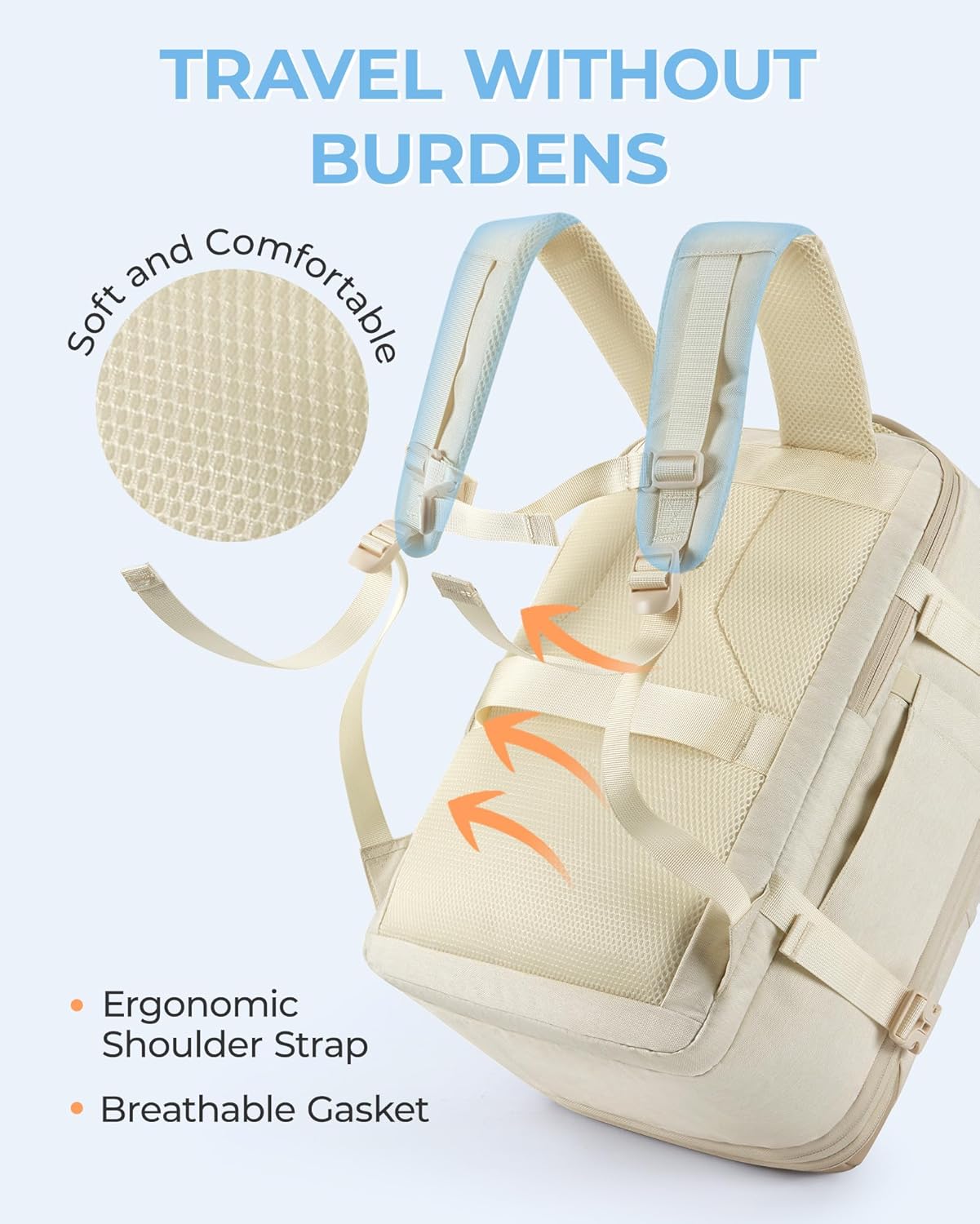 BAGSMART Compression Travel Backpack, 37L Expandable Carry On Backpack with Packing Cubes, Water Resistant Weekender Backpack with Shoe Bag, Warm Beige - Image 6