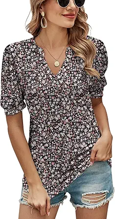 Romanstii Women Casual V-Neck T-Shirts Loose Puff Short Sleeve Tops Tunic Blouses
