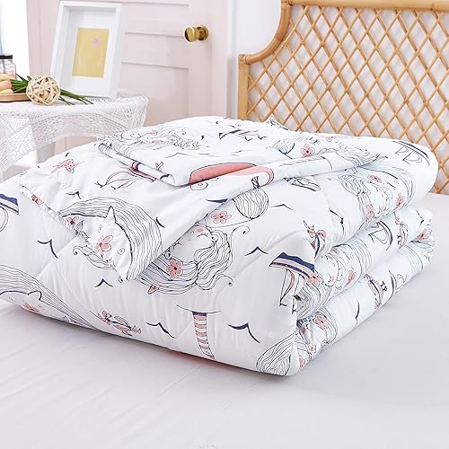 Miniatura 6 de JSD Juego de edredón de sirena tamaño matrimonial para niñas, edredón de microfibra de 3 piezas con temática oceánica con fundas de almohada,