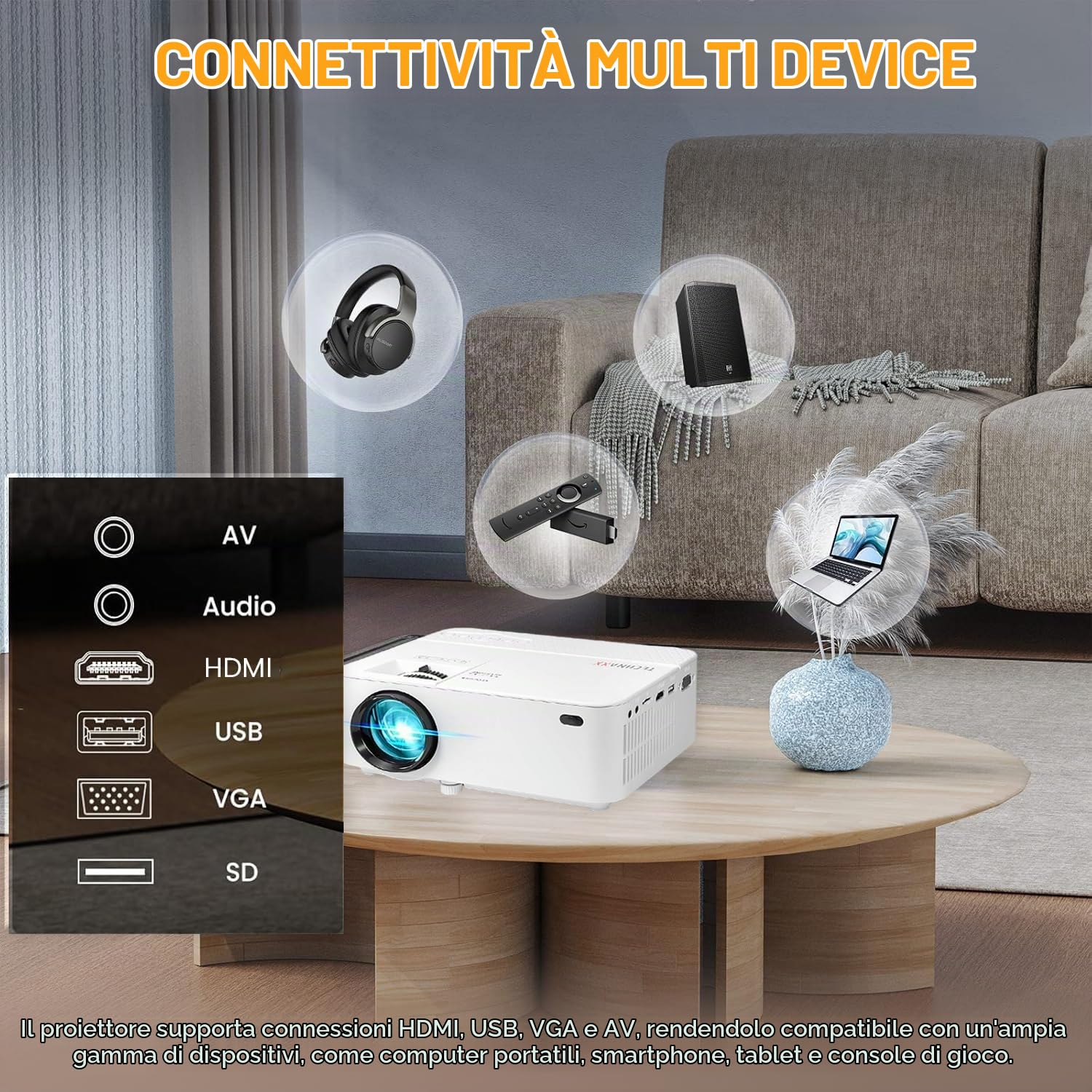Technaxx Mini Proiettore LED 1800 Lumen, Multimediale 32–176 Pollici, HDMI USB VGA AV MicroSD, Mini Proiettore Portatile per Home Cinema, Smartphone, PC & Console, LED 40.000 Ore – TX-113