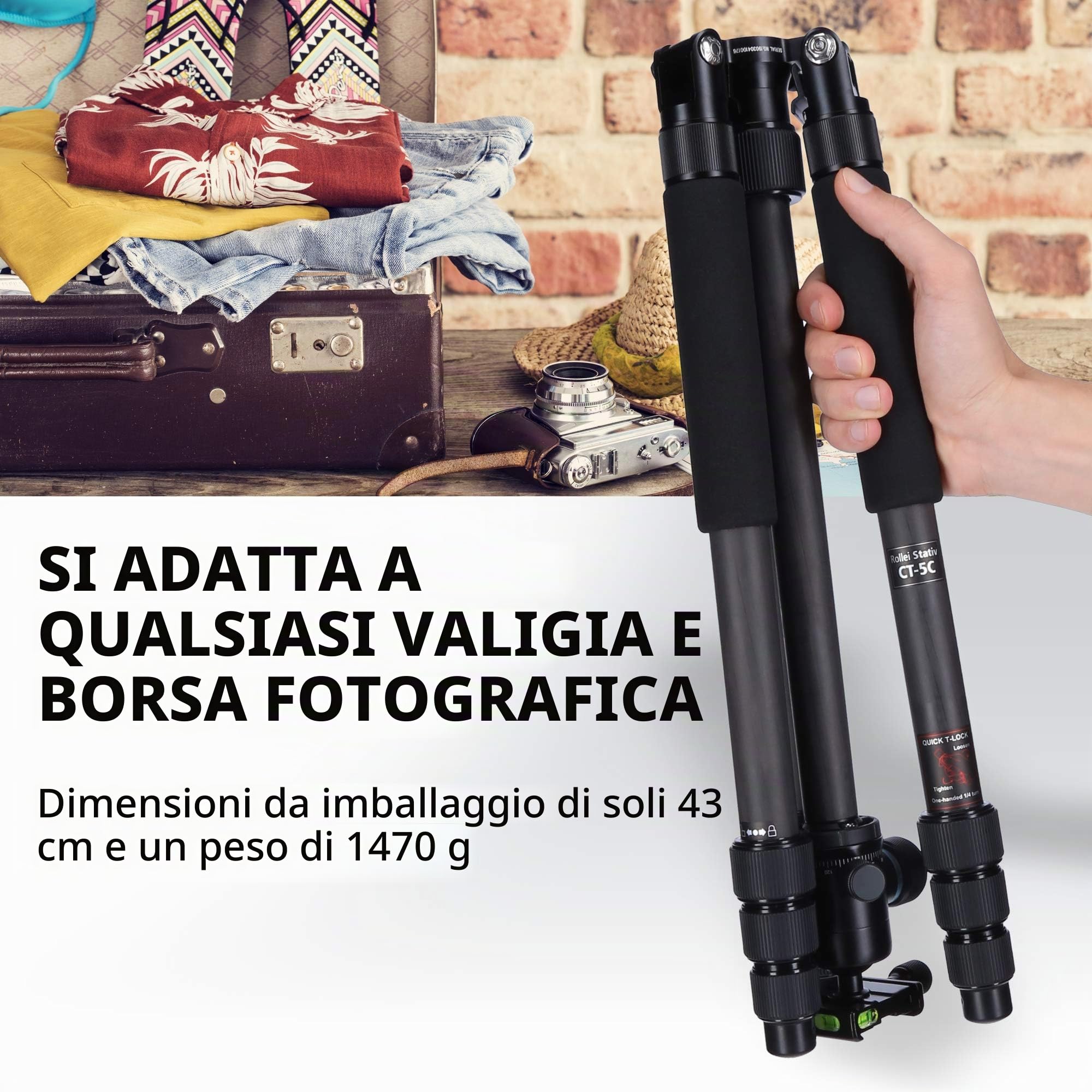 Rollei CT-5C, Treppiede Compatto inclusa Testa a Sfera, Funzione Monopiede, Carico max.: 8 kg, Carbonio, ARCA SWISS Compatibile, Nero