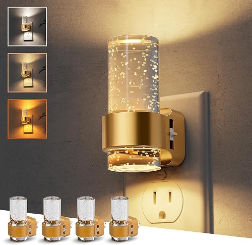 L LOHAS LED Night Lights Plug into Wall, 4 Pack Mini Dimmable Night Light with Dusk-to-Dawn, Soft White/Cool White/Amber 3 Light Color, 0-100LM Adjustable Brightness, Bubble Nightlight for Hallway