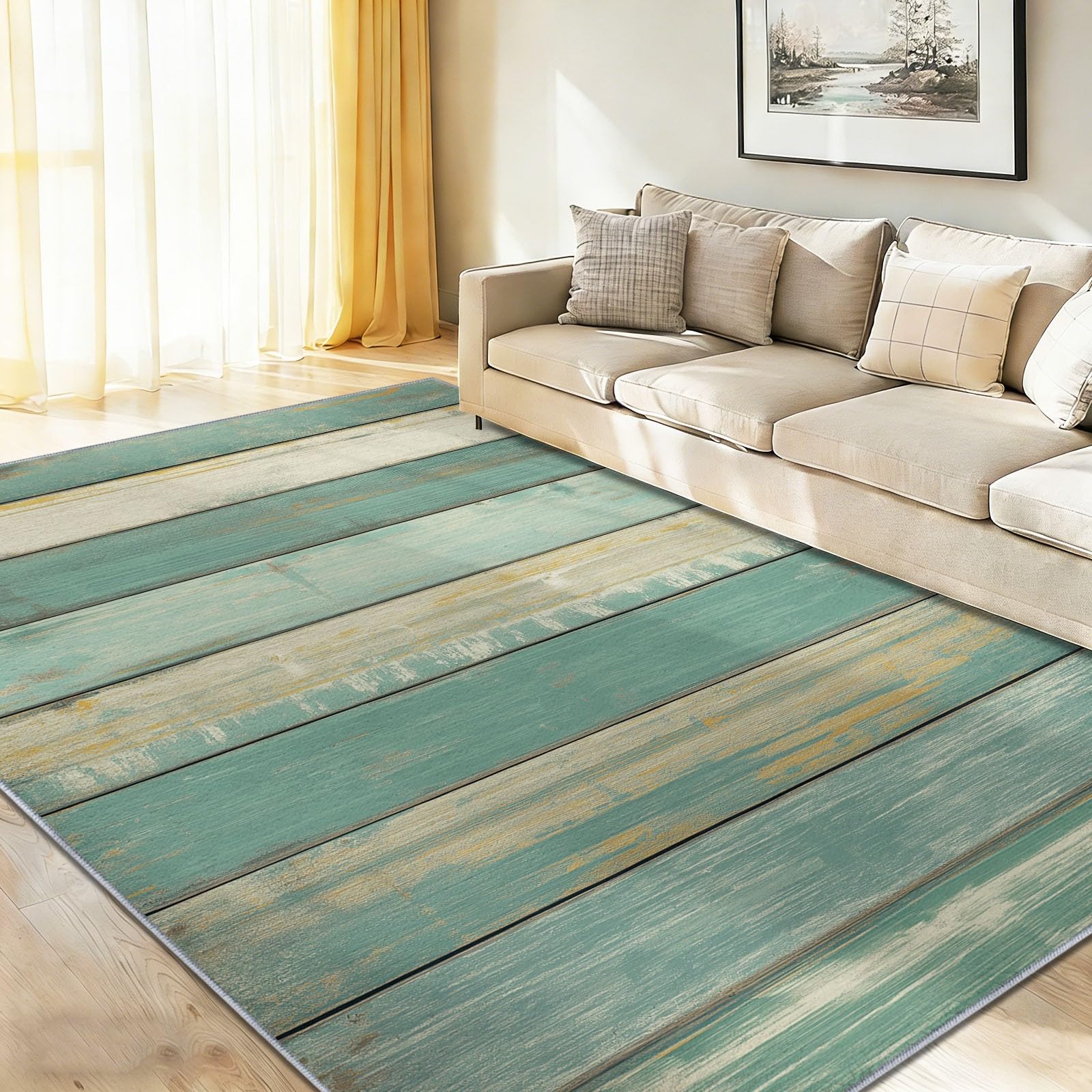 Generico Tappeto Da Soggiorno Lavabile In Lavatrice, Blu-Verde Antiscivolo Tappeto Vintage Consumato Rustico Venatura Del Legno, Tappeti 90 x 150 cm per Camera Da Letto, Cucina, Ufficio, Corridoio