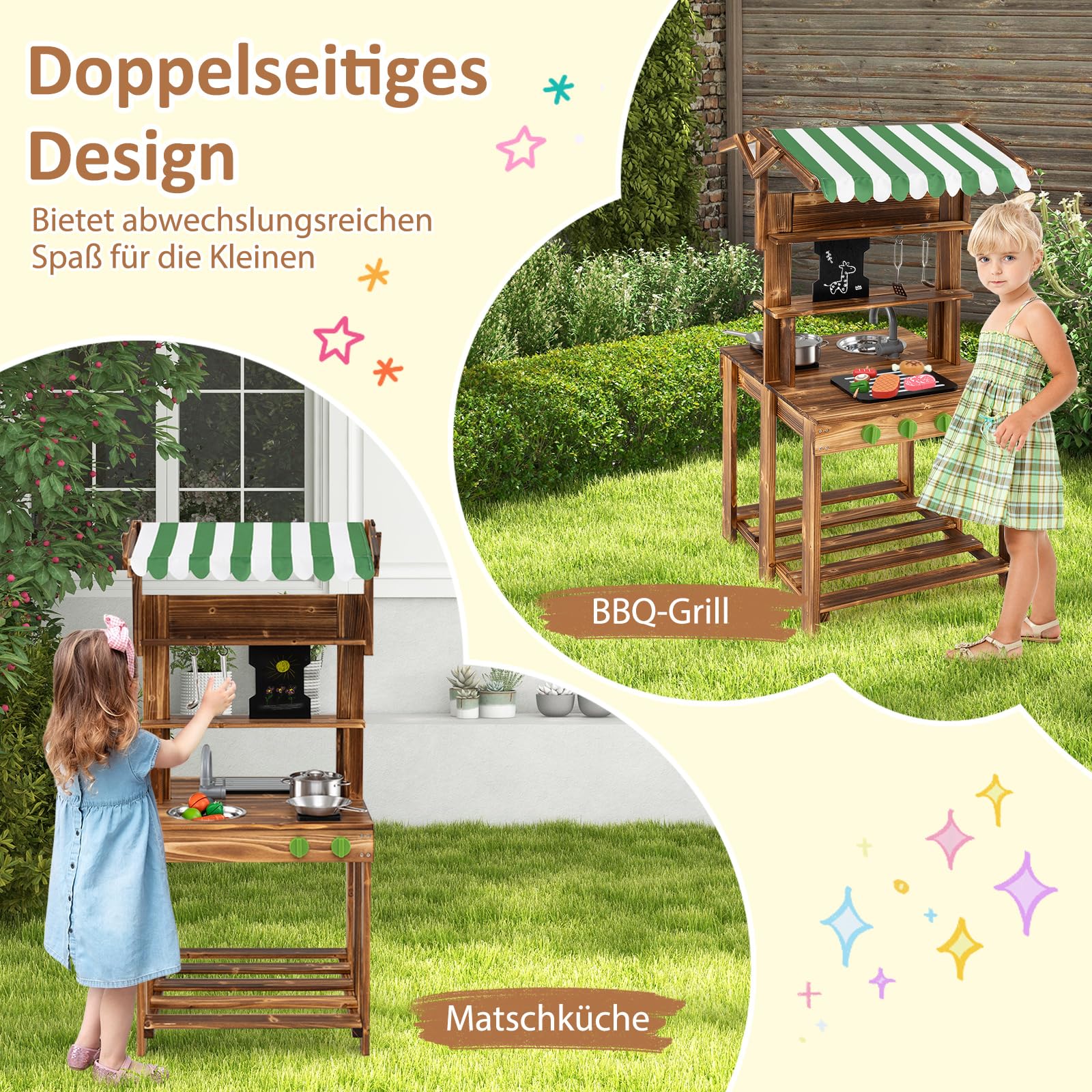 COSTWAY Matschküche Kinder Outdoor, Doppelseitige Kinderküche mit Dach, Schultafel, Spüle & Wasserhahn, Outdoorküche Spielküche Holz für Jungen & Mädchen ab 3 Jahren