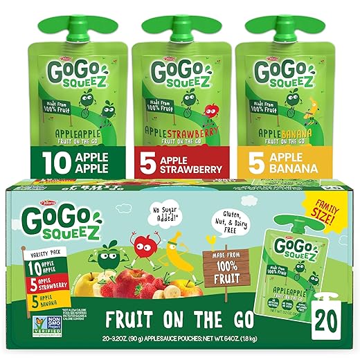 GoGo squeeZ Applesauce, Variety Pack (Apple/Banana/Strawberry), 3.2 Ounce (20 Pouches), Gluten Free, Vegan Friendly, Unsweetened, Recloseable BPA Free Pouches