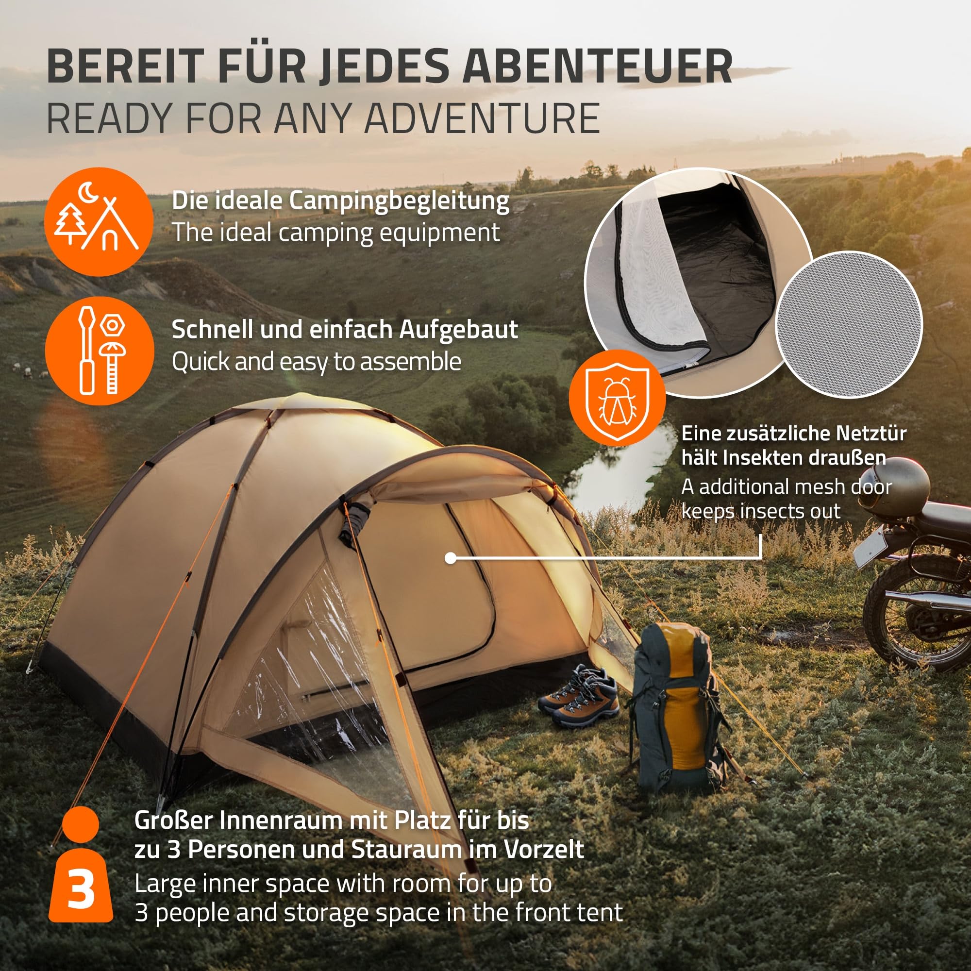 ECD Germany Tenda da Campeggio per 3 Persone 210x180x120 cm Cachi/Beige-Grigio Tenda per Famiglie Leggera Impermeabile e Antivento Vestibolo Chiudibile a Chiave Igloo con Cappucci di Ventilazione
