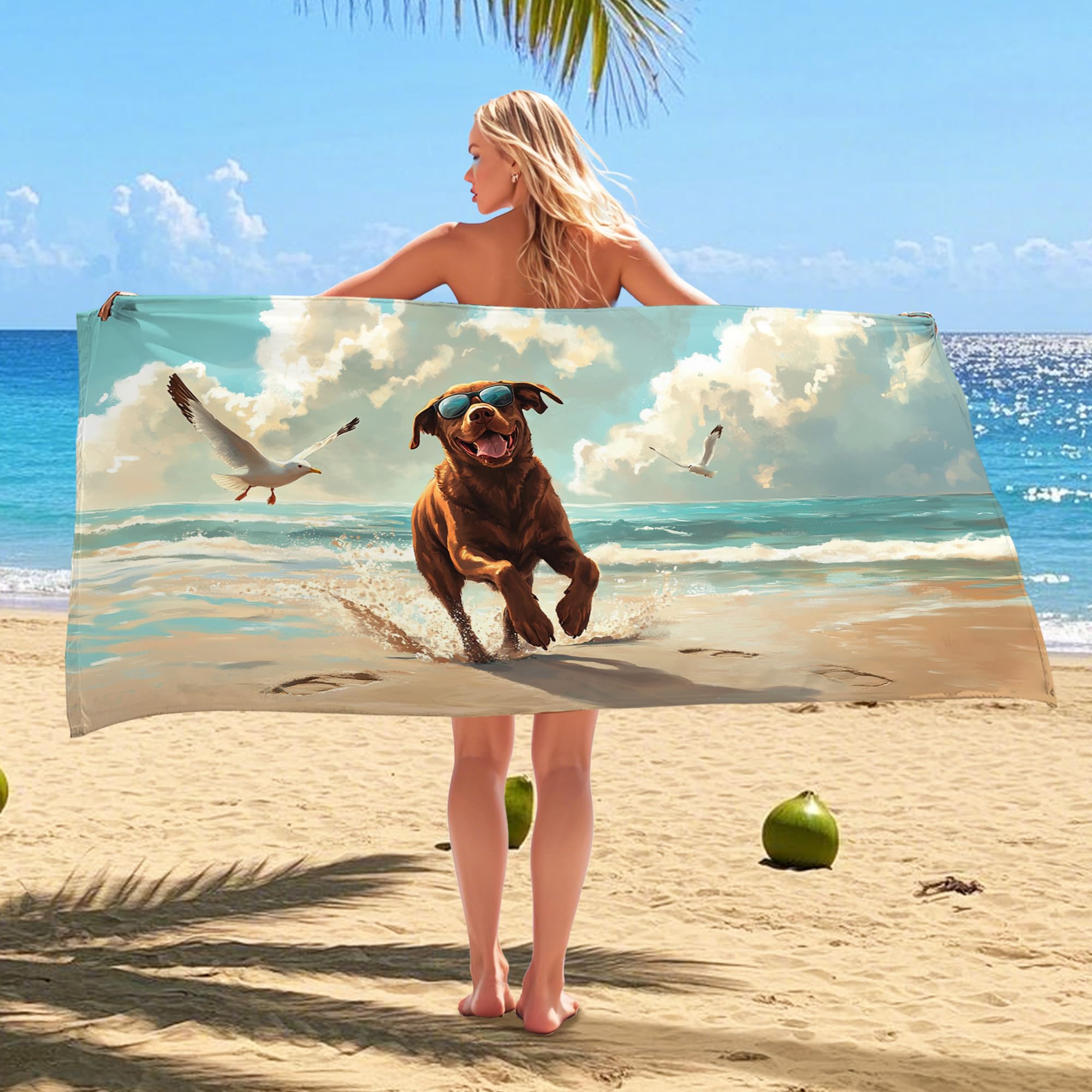 Playful Chocolate Labrador Dog Art Beach Towel Brown Colorful Print Soft Quick Dry Sand Free Lightweight Travel Essential 70x35 Inch
