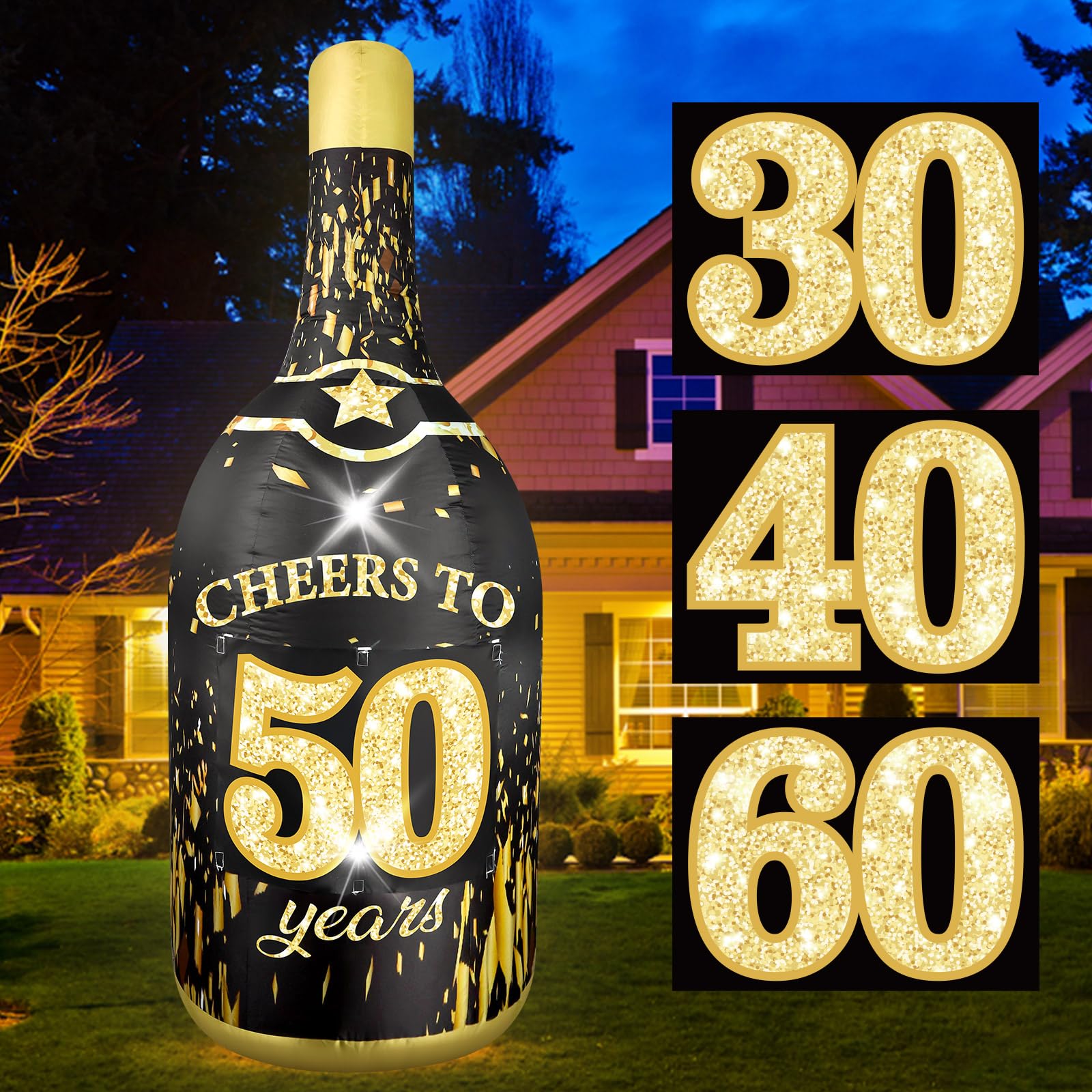 Photo 1 of ***STOCK PHOTO FOR REFERENCE ONLY, 30 YEARS***6FT Inflatable Champagne Bottle with 4 Interchangeable Milestone Banners (30th/40th/50th/60th) Black Gold Light Up Blow Up Outdoor Yard Party Decoration for Happy Birthday Anniversary New Year Cele