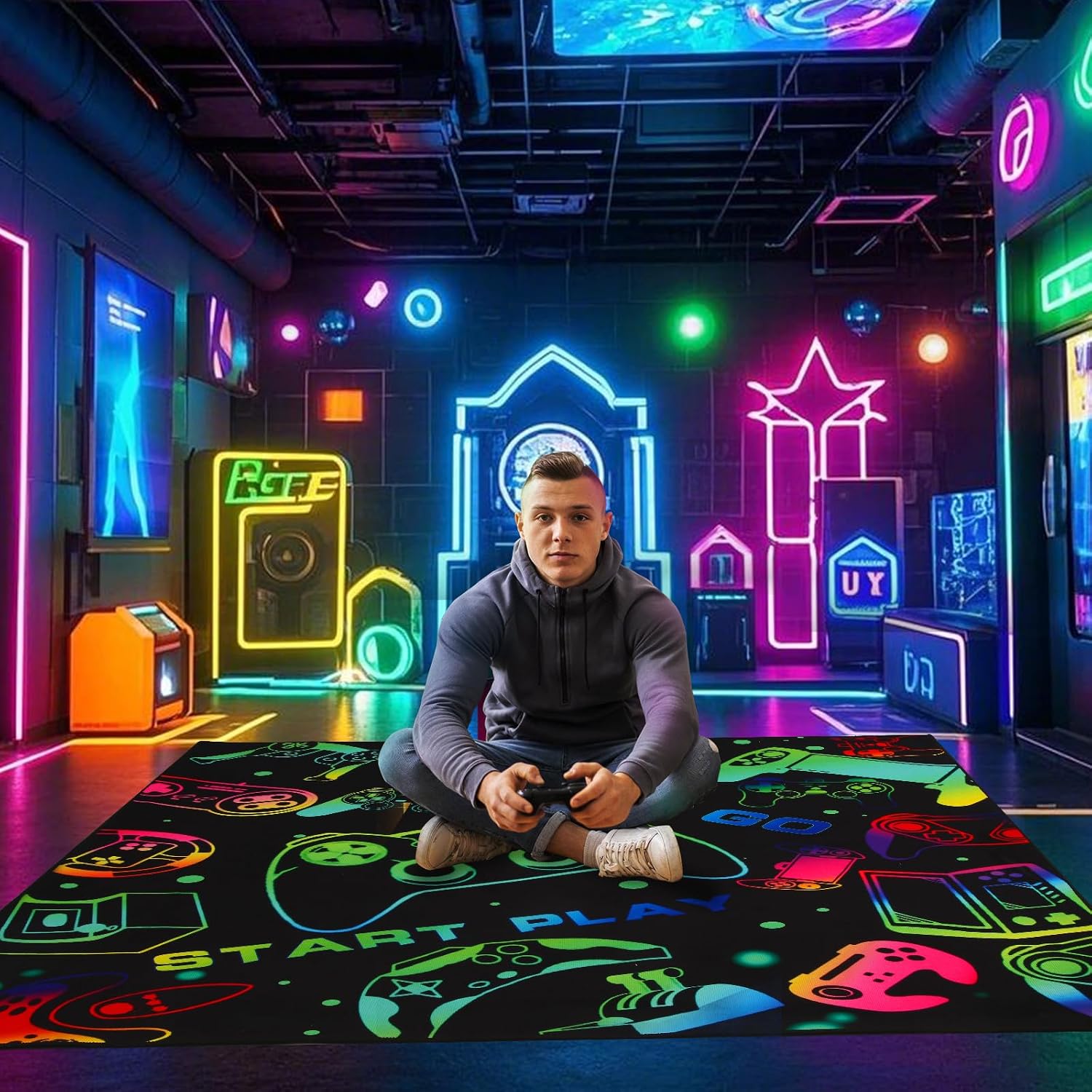 Colorful Video Game Carpet Rugs for Gamer Kids Boys Mens Room Bedroom Decor, Cool Gamepad Controller Area Rug Under Desk Table Chair Sofa, Washable Teens Bedside Floor Rug Mat 3'x5'