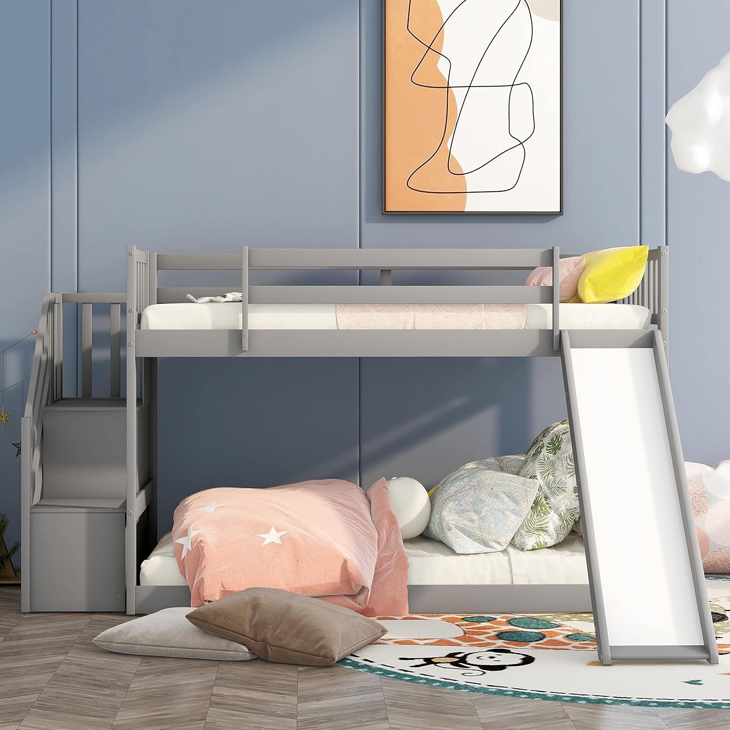 Harper & Bright Designs Low Profile bunk Bed with Slide and Storage Stairs, Solid Wood Floor Twin Over Twin Bunk Beds Frame with Guardrail for Toddler Kids Teens, No Box Spring Required (Grey)