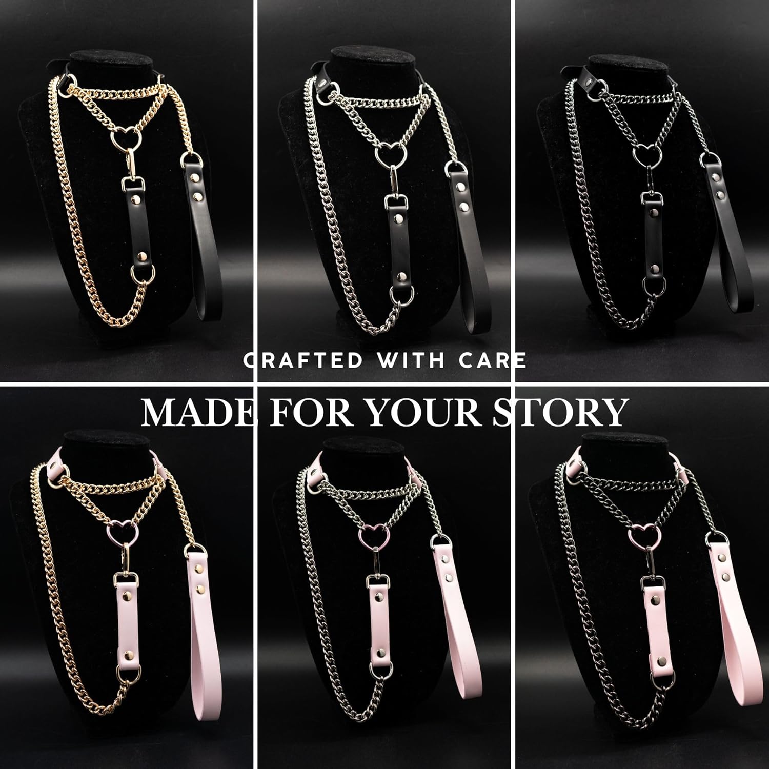 Heart O-ring Leather Choker Necklace For Women, Punk Gothic Black/Pink Slip Chain Necklace with Vegan Leather Swivel Clasp - Image 4