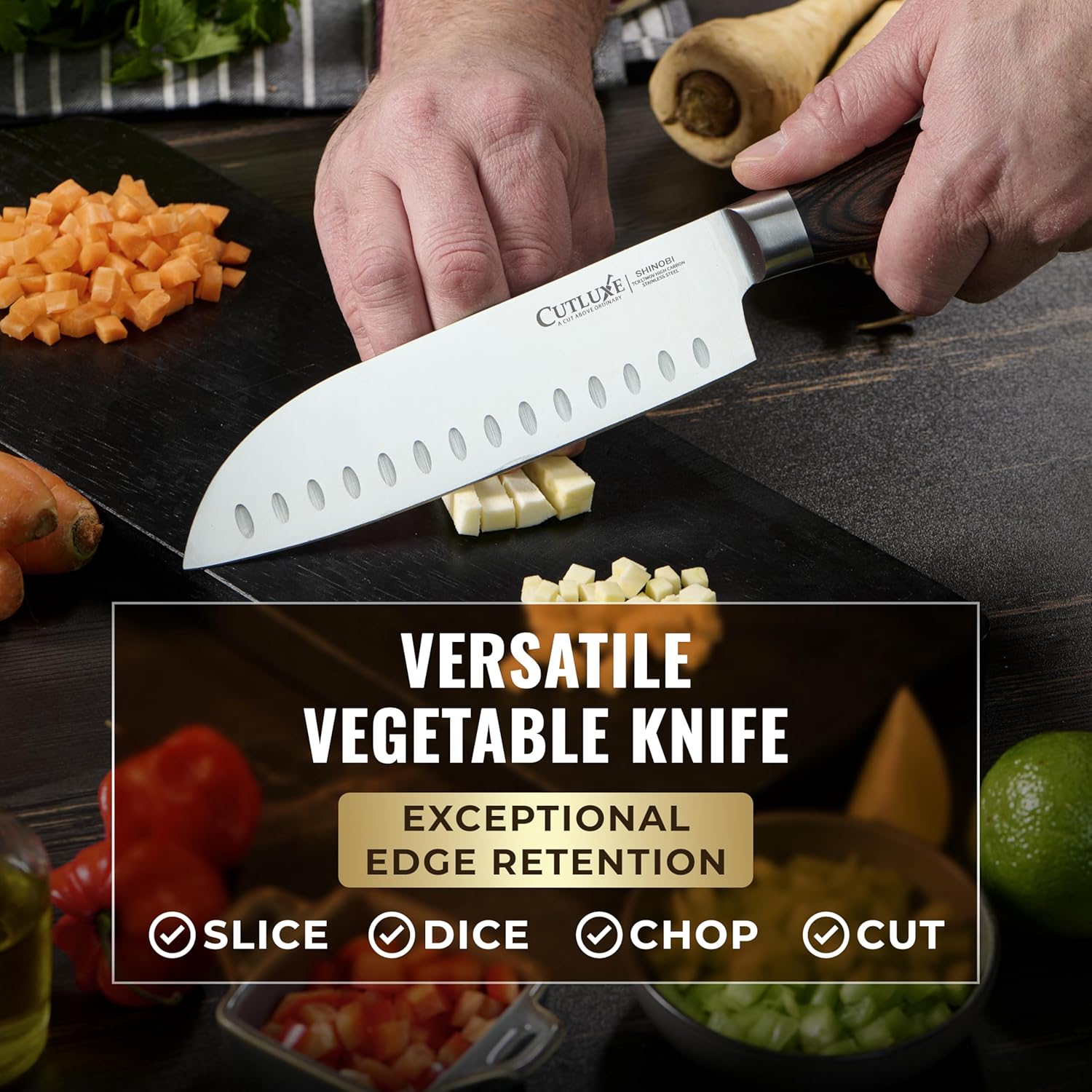 Santoku Knife – Ultra Sharp 7 Inch Meat and Vegetable Japanese Knife for Chopping, High Carbon Stainless Steel Blade, Full Tang Pakkawood Handle – Shinobi Series - Image 5