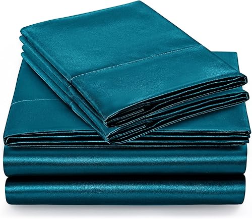 Miniatura 6 de SiinvdaBZX Juego de sábanas de satén de 4 piezas tamaño Queen, ultra sedosas, suaves, de satén verde azulado con bolsillo profundo, 1 sábana bajera,