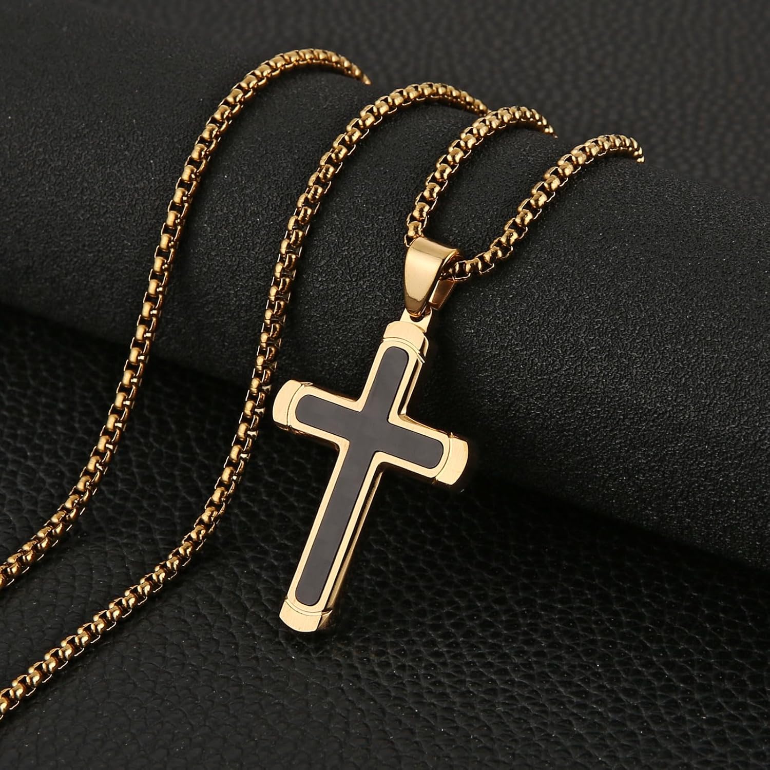 HZMAN Carbon Fiber Cross Necklace for Men Stainless Steel Christian Crucifix Pendant Includes Necklace 22+2" Box Chain - Image 3