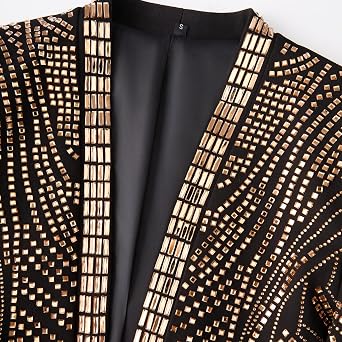 Men's Black and Gold Sequined Wedding Performance Party high-end Fitted Luxurious Full Sequin Suit Jacket