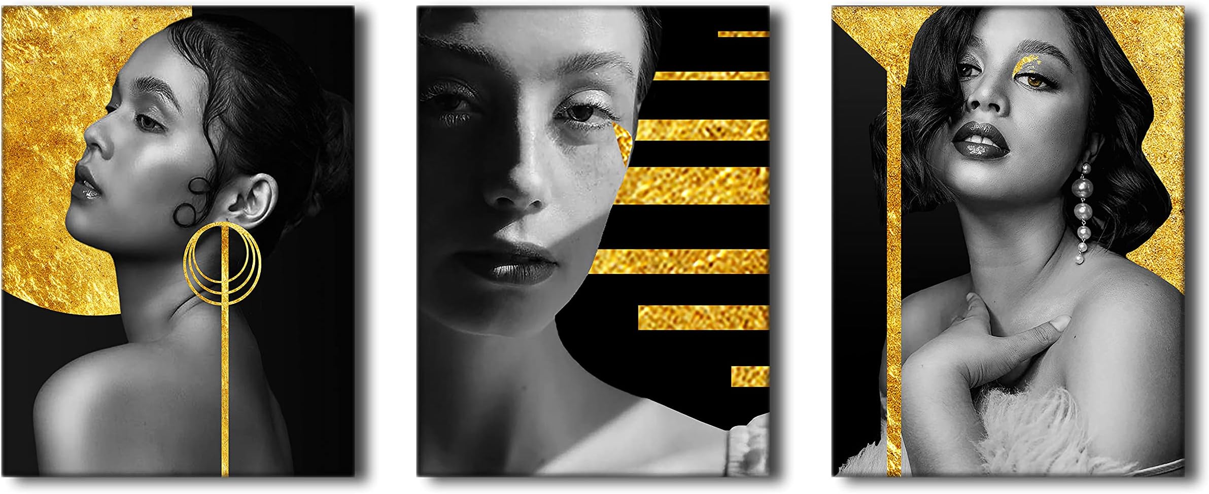 AOHART Aesthetic Black and Gold Women Wall Picture for Living Room Bedroom Decor 3 Panels with Frame Beautiful Woman Portrait Canvas Art Bathroom Decorations Prints Artwork 12x16inch, 12Wx16Lx3pcs