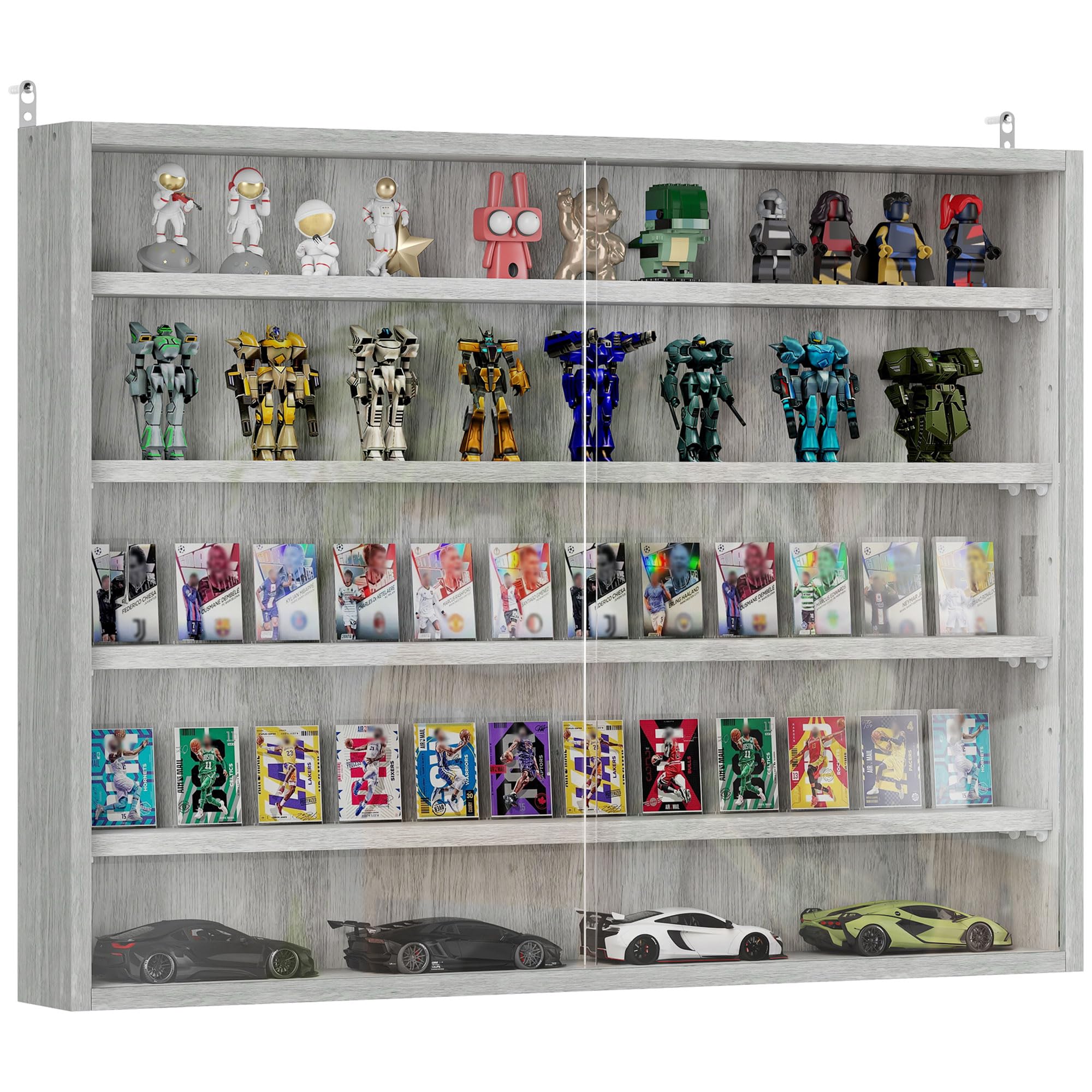 HOMCOM 5-Tier Wall Mounted Display Cabinet Glass Doors Gray