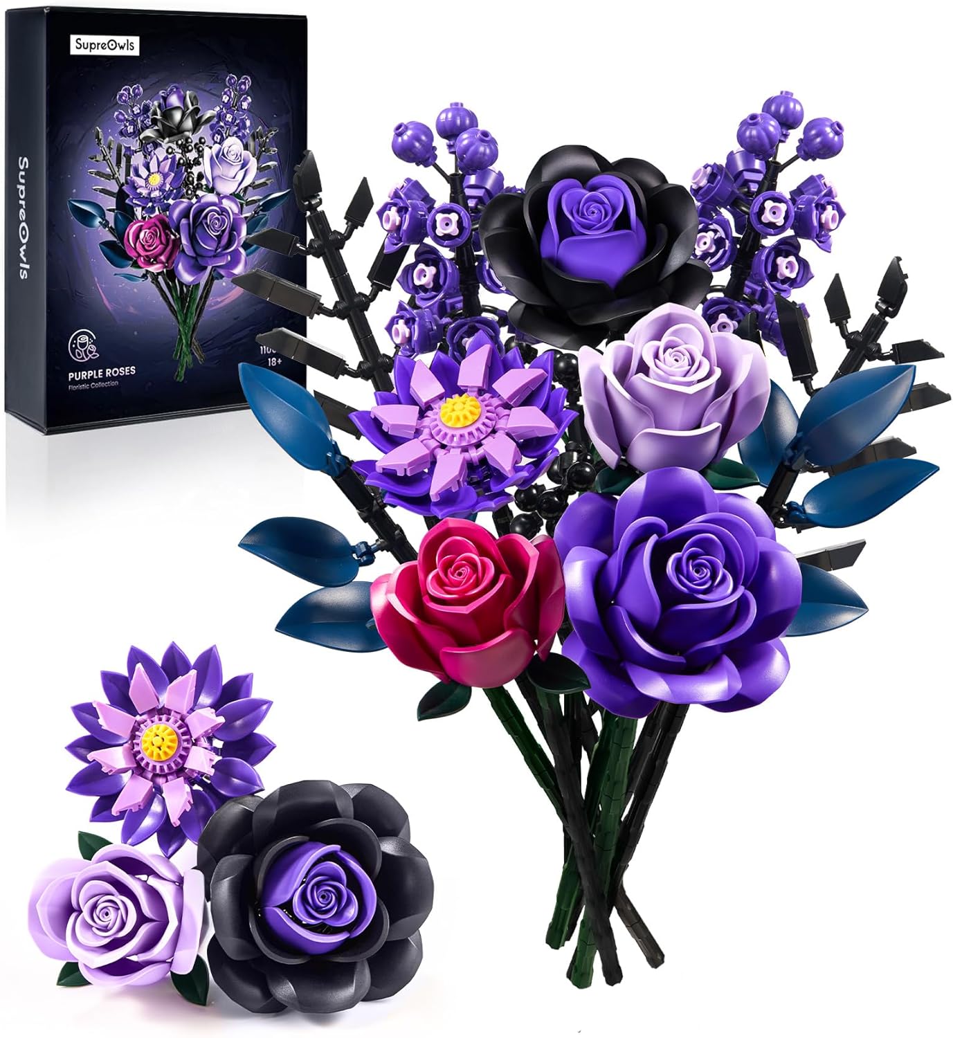 Assembled iATOM Flower Bouquet Building Set with purple, black, and magenta roses, water lilies, and berries.