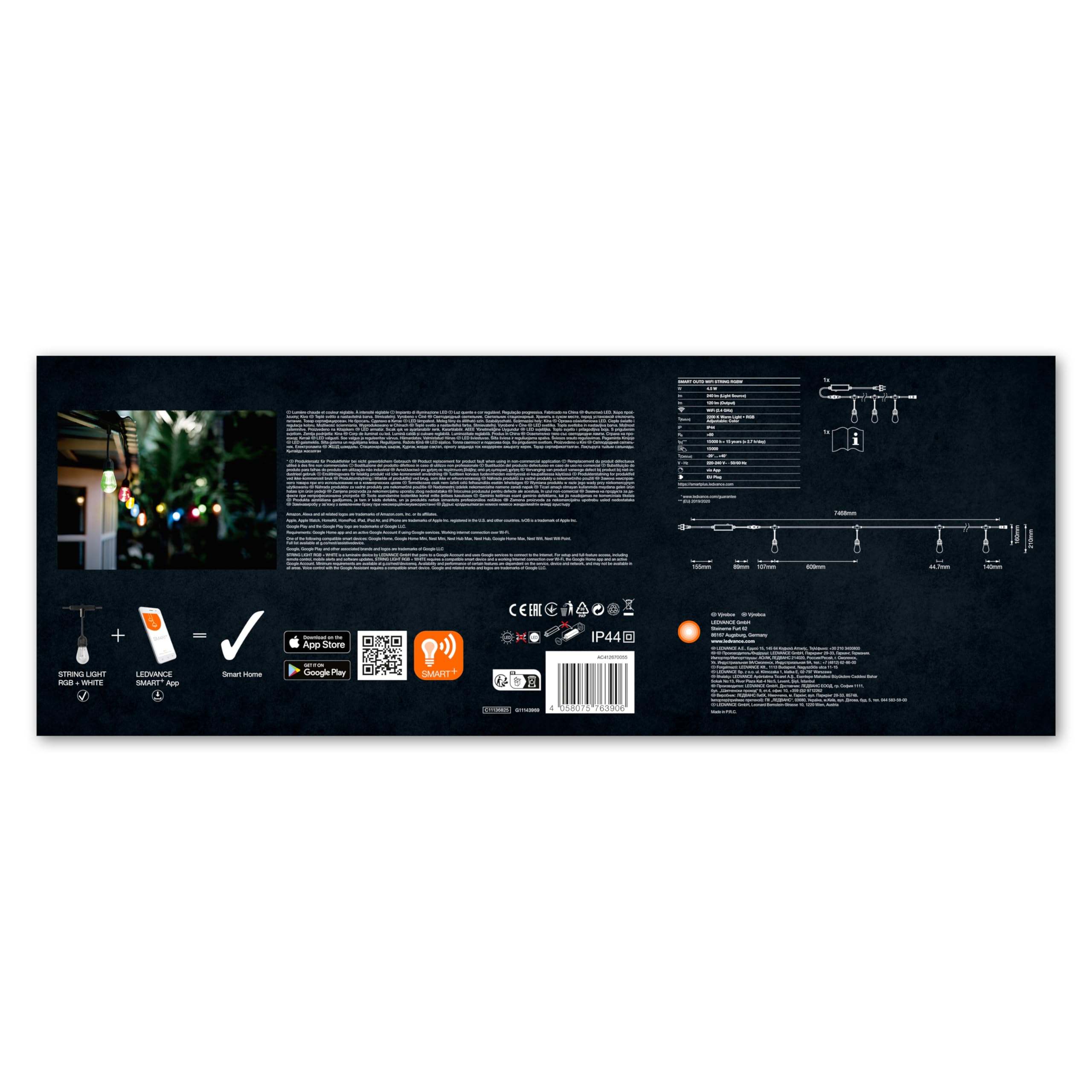 LEDVANCE SMART+ String catena di luci colorate WiFi da esterno, 4,5 W, 240 lm, nera, luce bianca calda (3000 K) e luce RGB 16 milioni di colori, controllo da app, compatibile con Amazon, Google, IP44