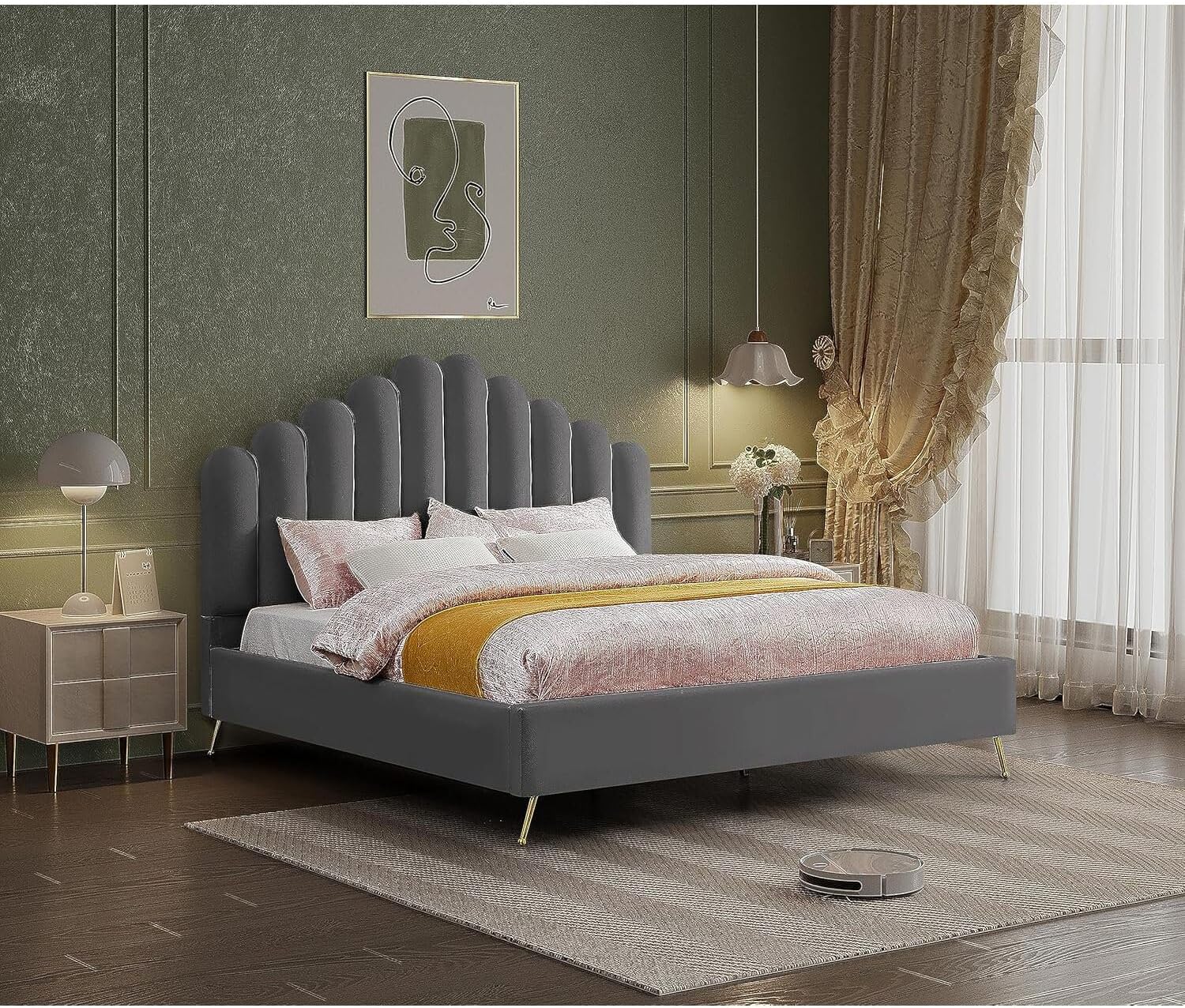 HomeStock Velvet Platform Bed with Tufted Headboard & Gold Steel Legs - Bedroom Furniture King/Gray