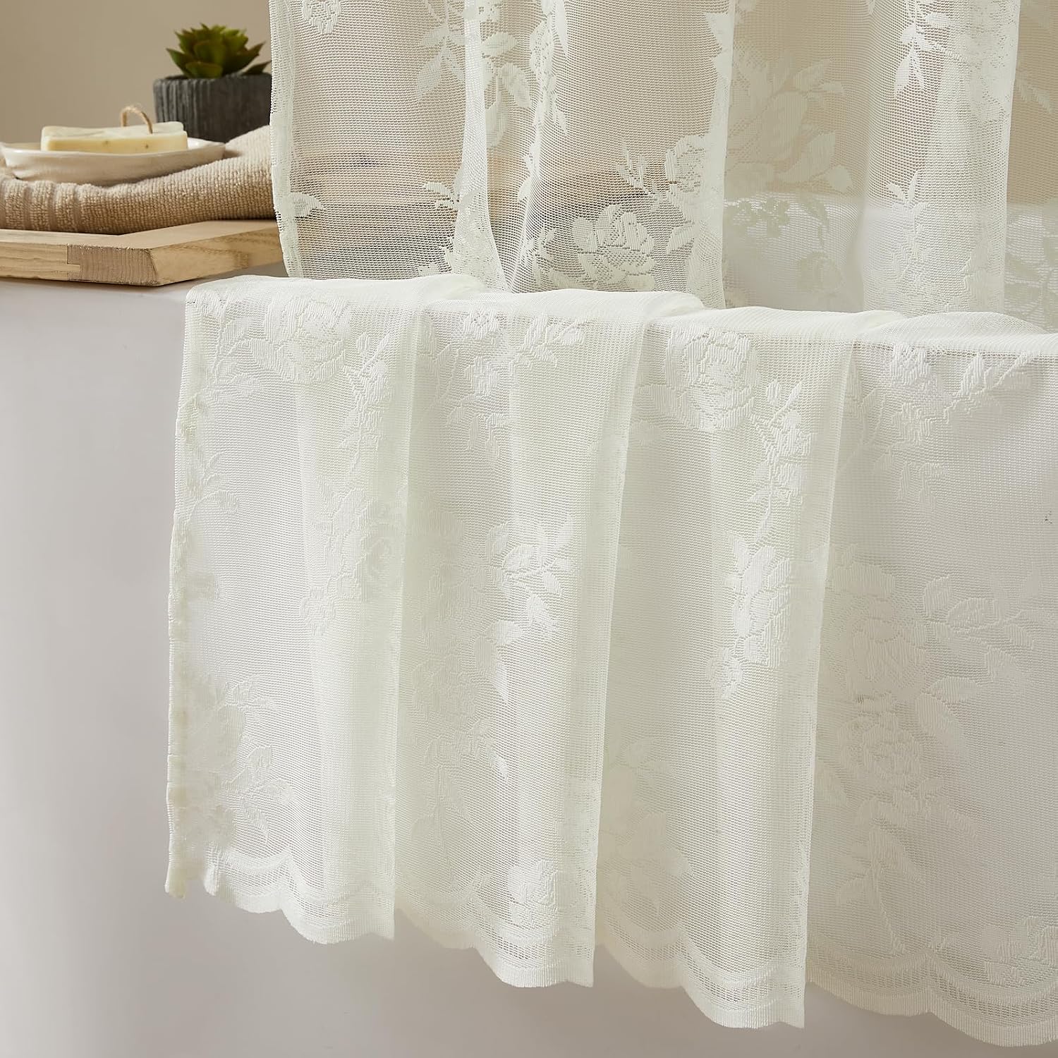 Ivory Lace Shower Curtain for Bathroom Romantic Floral Shower Curtain with Attached Valance Romantic Cream Luxury Lace, Vintage Shabby Chic Bath Curtains for Master Bath Apartment Women, 1 Panel 72x72