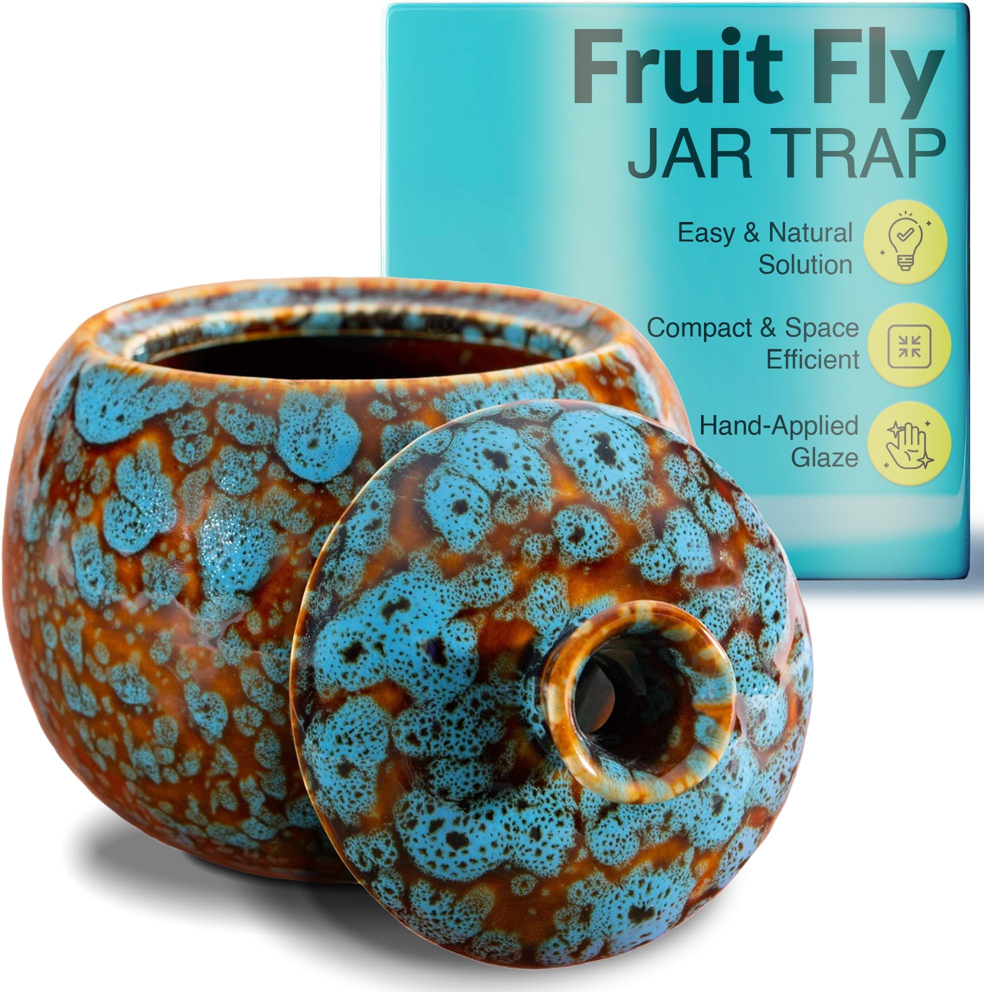 Elevated Lifestyle Fruit Fly Jar Trap - Decorative and Effective Ceramic Fruit Fly Catcher, Kid and Pet Friendly Fly Trap Indoor, Ideal for Kitchens, Restaurants, and Homes - (Marbled Turquoise)