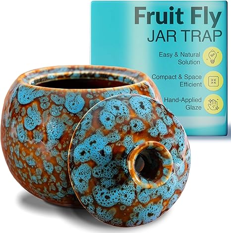 Elevated Lifestyle Fruit Fly Jar Trap - Decorative and Effective Ceramic Fruit Fly Catcher, Kid and Pet Friendly Fly Trap Indoor, Ideal for Kitchens, Restaurants, and Homes - (Marbled Turquoise)
