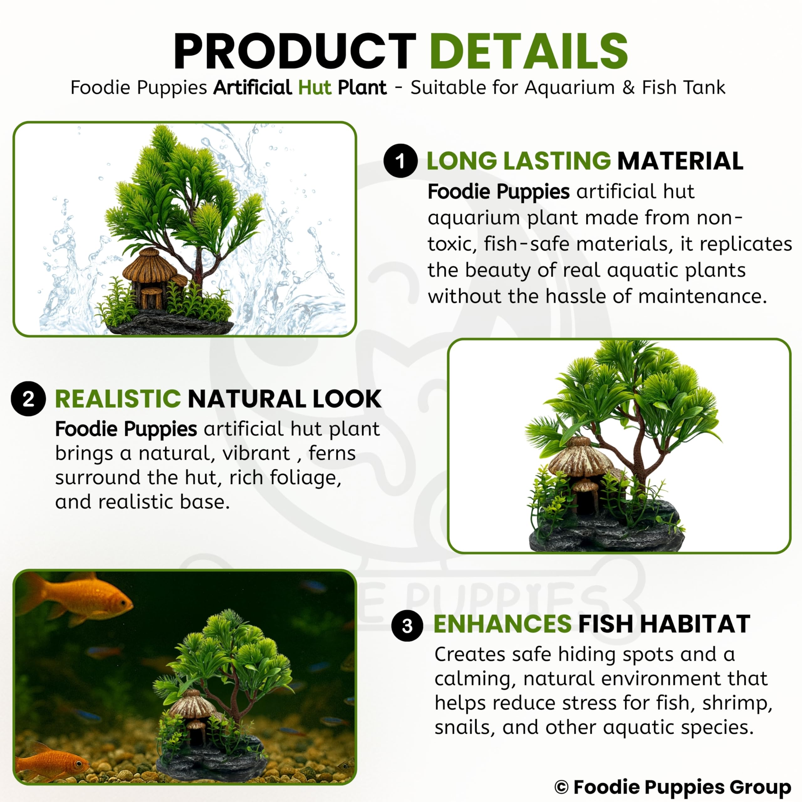 Foodie Puppies Aquarium Plastic Plants with Resin Base Decor - (Hut Plant, Medium - 19cm) for Fish Tank Ornament Accessories, Decorations | Natural Looking Artificial Plant 1