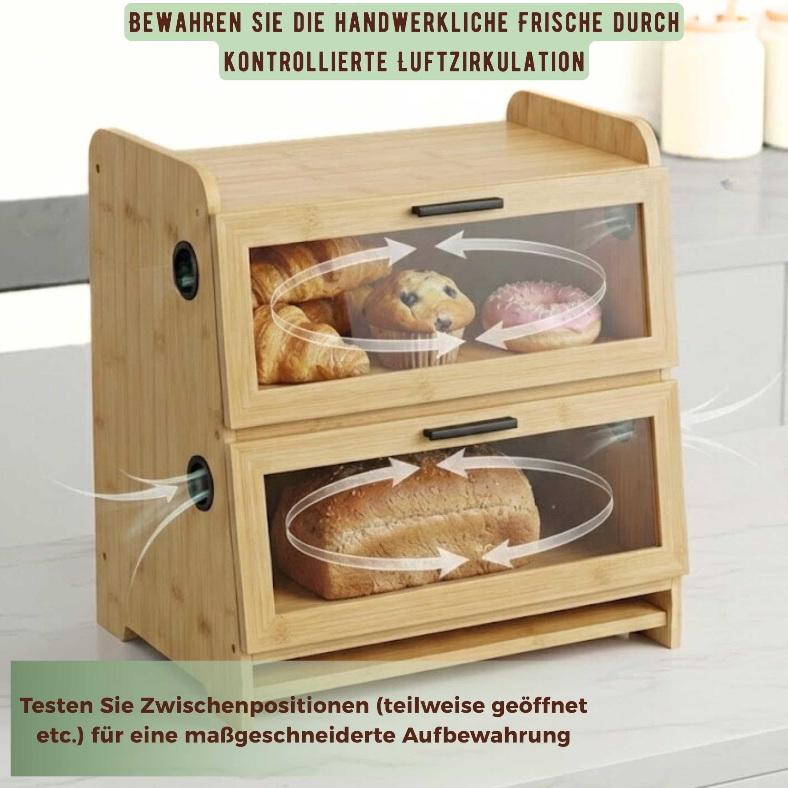 SWAYN Brotkasten aus FSC-zertifiziertem Bambus – Brotkasten mit 2 Etagen, verstellbare Belüftung für längere Frische, integriertes Brett, optimierte Aufbewahrung für Brot (natürlich)
