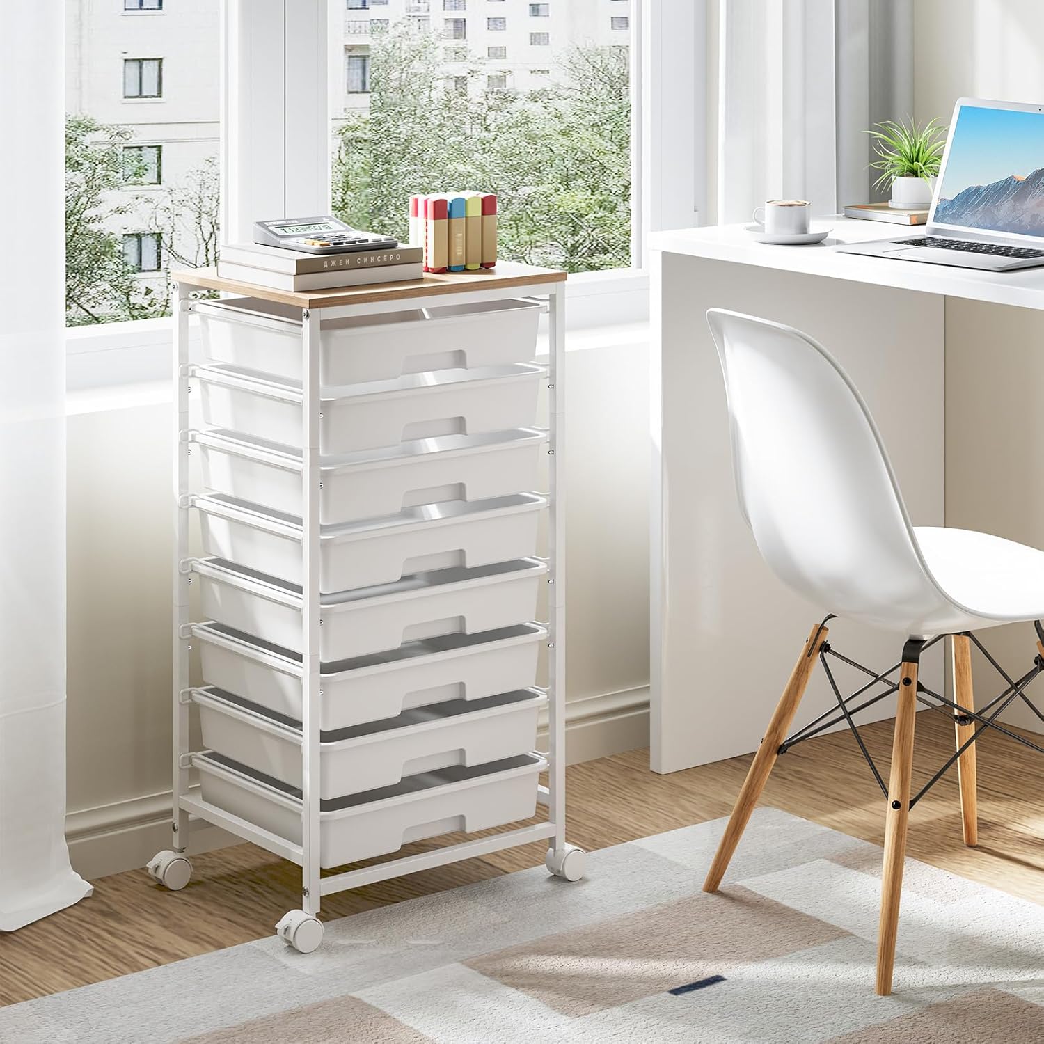 Storage Cart with 8 Drawers, Utility Cart with White Drawers and Wooden Tabletop, Craft Cart, Teacher Organization for Classroom,White - Image 8
