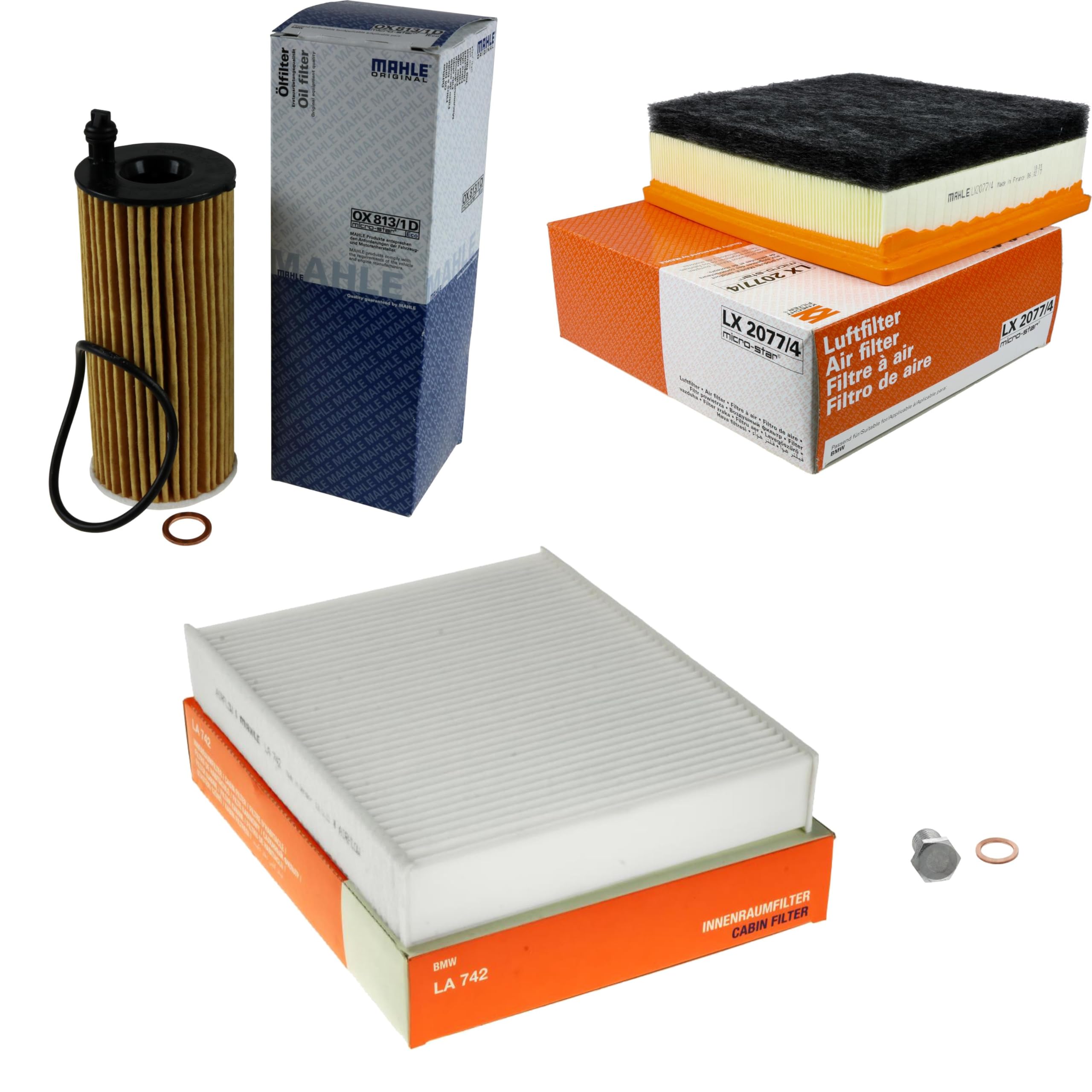 Paquete de inspección Kit de mantenimiento con filtro de aceite OX 813/1D, filtro de aire LX 2077/4, filtro de cabina LA 742, tornillo de cierre