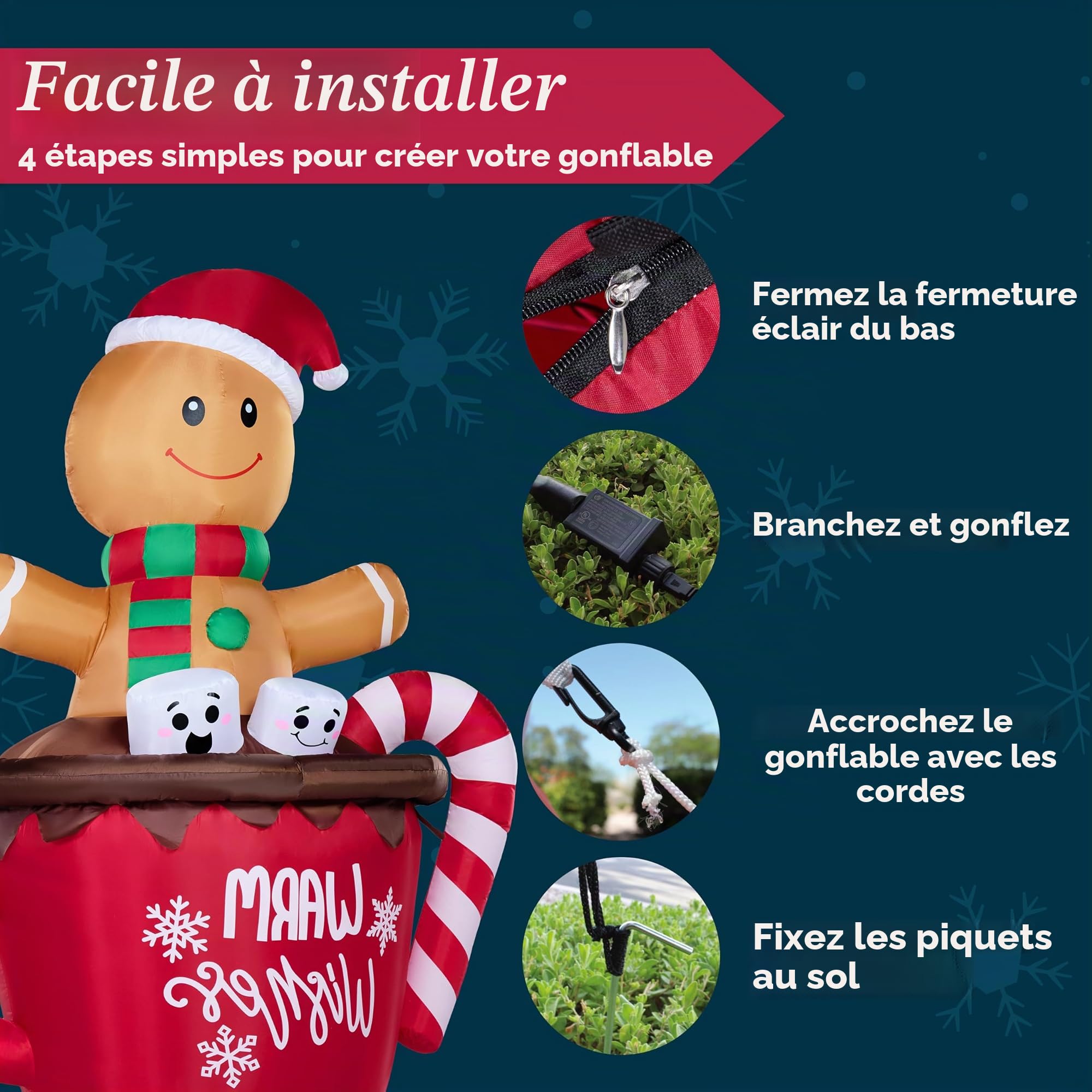 JOIEDOMI Bonhomme en Pain d'épices Gonflable de 1,8 m de Haut dans Une Tasse de Cacao Chaud avec LED intégrées, décoration de Cour Gonflable en Pain d'épices pour fête de Noël, décoration de Jardin