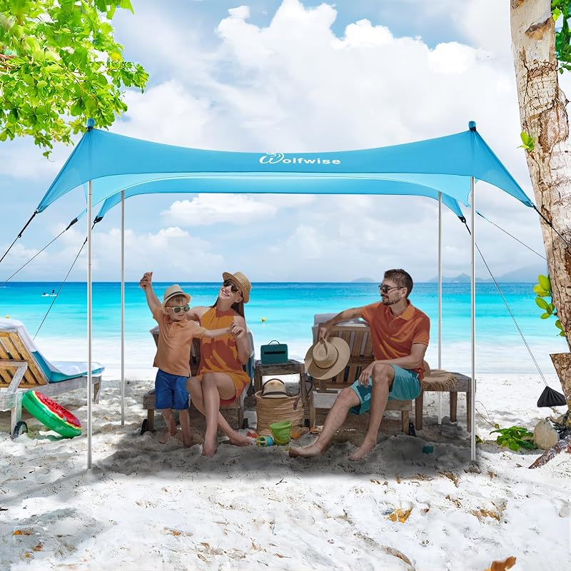 WolfWise UPF50+ Strandpavilon Homokrögzítővel - 2,3x2,3m Kék Strandsátor 2-6 Személynek, Szélálló, Vízálló, Könnyű Összeszerelés