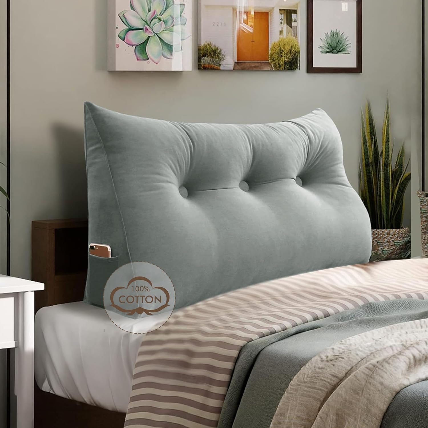 WOWMAX Triangular Headboard Pillow Twin Bed Wedge Pillow for Headboard Large Bolster Pillow for Bed Wedge Pillow Headboard Daybed Pillows with Removable Cover, Velvet (100% Cotton), Gray