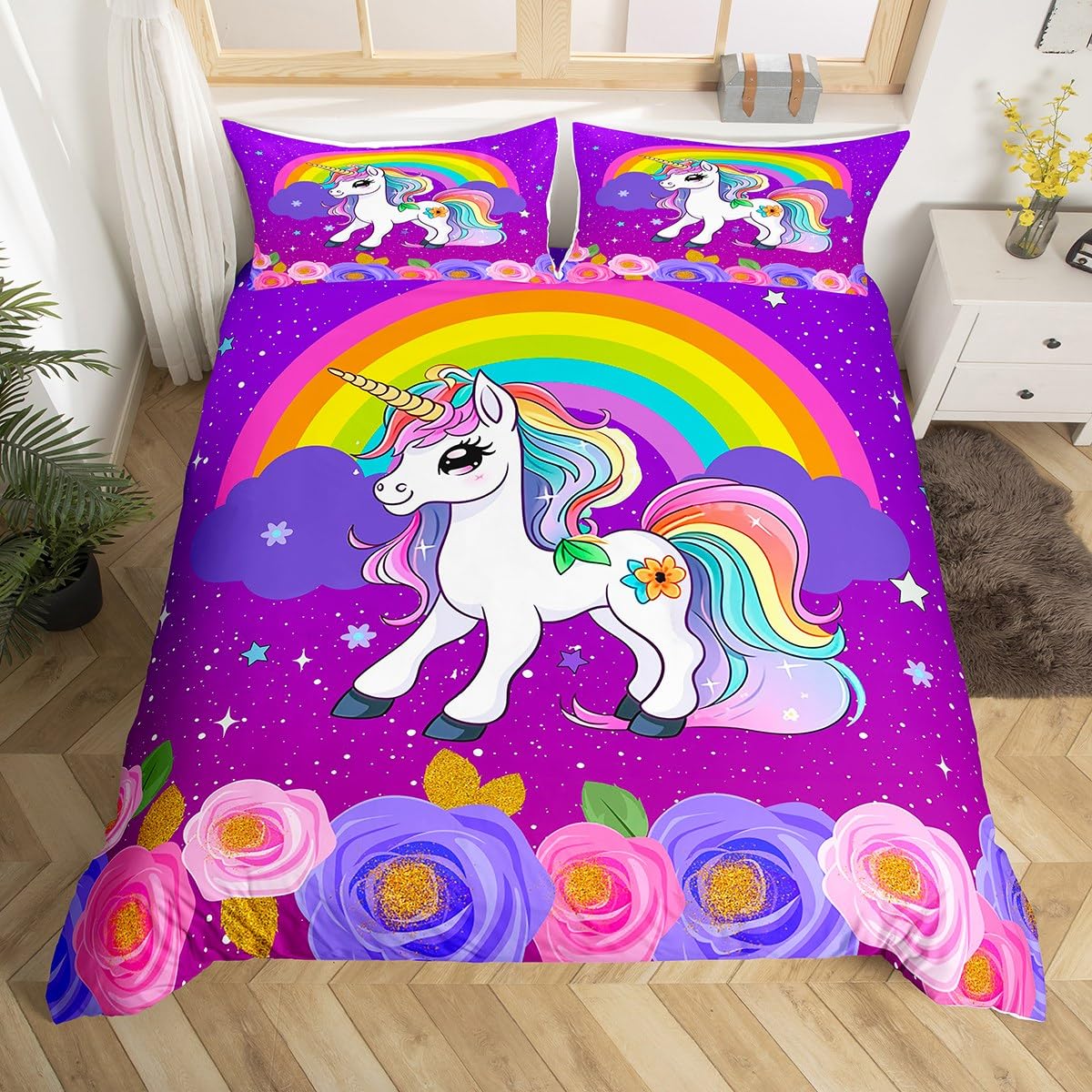 Housse de couette licorne avec 2 taies d'oreiller pour lit d'enfant rose