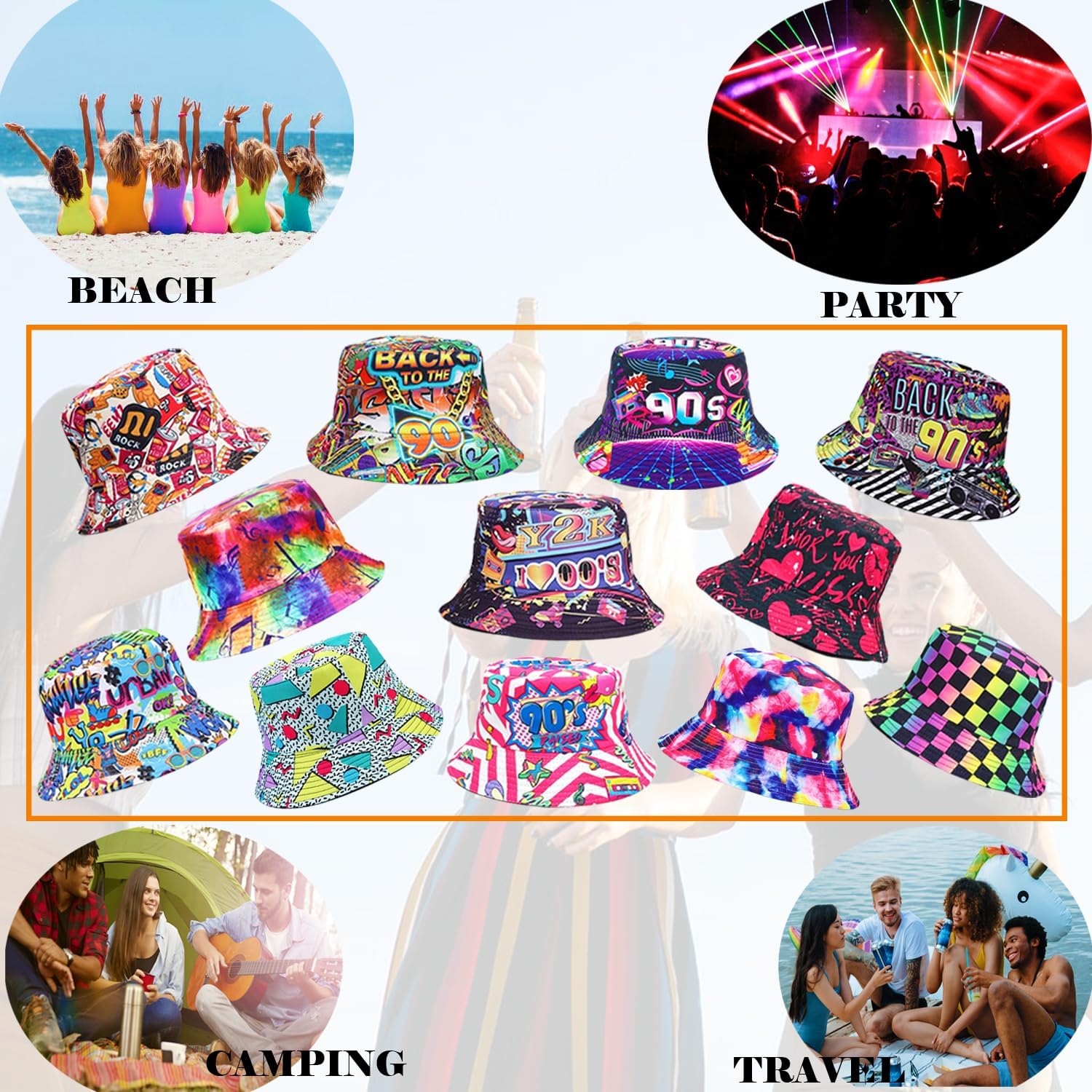 12 Pack Retro 90s Bucket Hats - Funny 80s 90s Party Hats, Packable Sun Caps for Women & Men, Colorful Fisherman Hats for Hip Hop, Birthday, Wedding, Graduation, Rave, Outdoor Activities