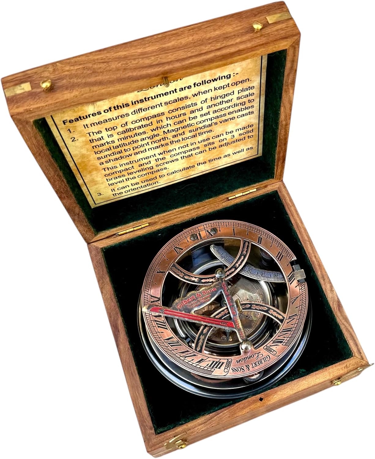 Large Sundial Antique Vintage Pocket Compass 5 Inch – Top-Grade Calibrated Nautical Compass with Rosewood Case for Camping, Hiking, and Gift