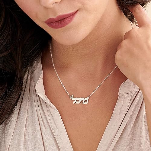 Miniatura 4 de MYKA - Collar con nombre hebreo personalizado en plata de ley 925, chapado en oro y oro rosa, oro amarillo de 14 quilates, regalo de placa de