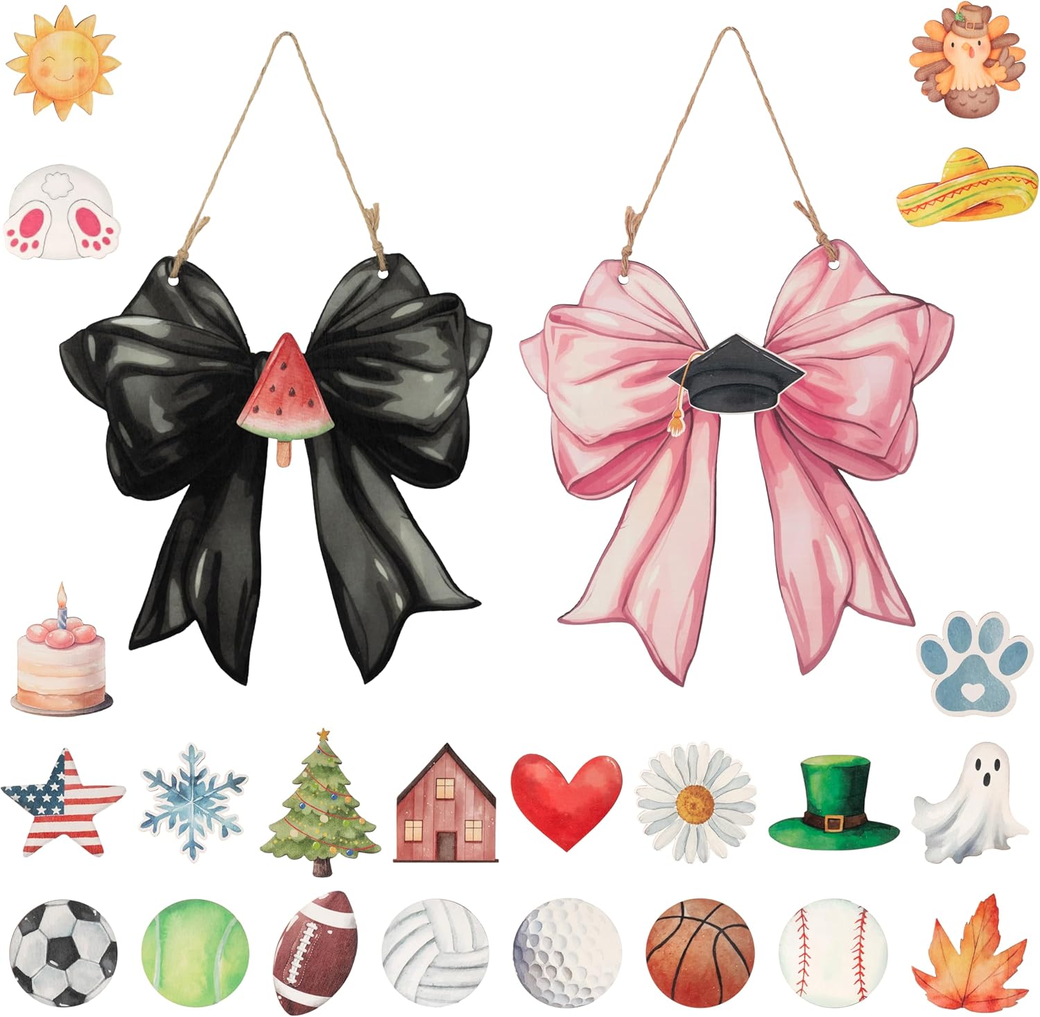 WATINC Summer Graduation Door Sign - Bow Seasonal Interchangeable Welcome Sign Decor with 24pcs Changeable Holiday Icons for Wall Porch, Rustic Hanging Wood Ornament for Graduate Decorations