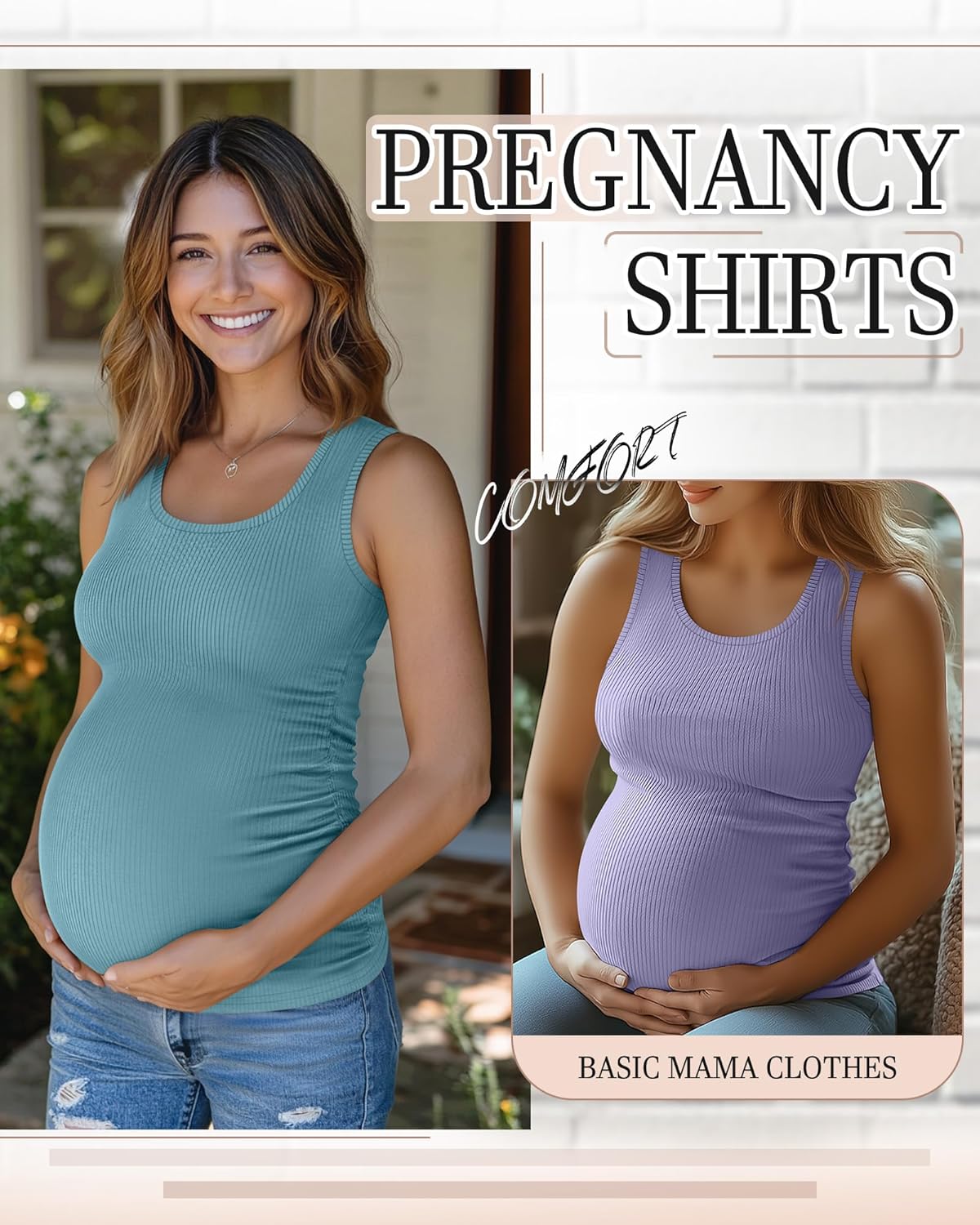 Riyiper 3 Pack Women's Maternity Tank Tops, Sleeveless Cotton Pregnancy Shirts Ribbed Knit Sides Ruched Basic Mama Clothes - Image 4