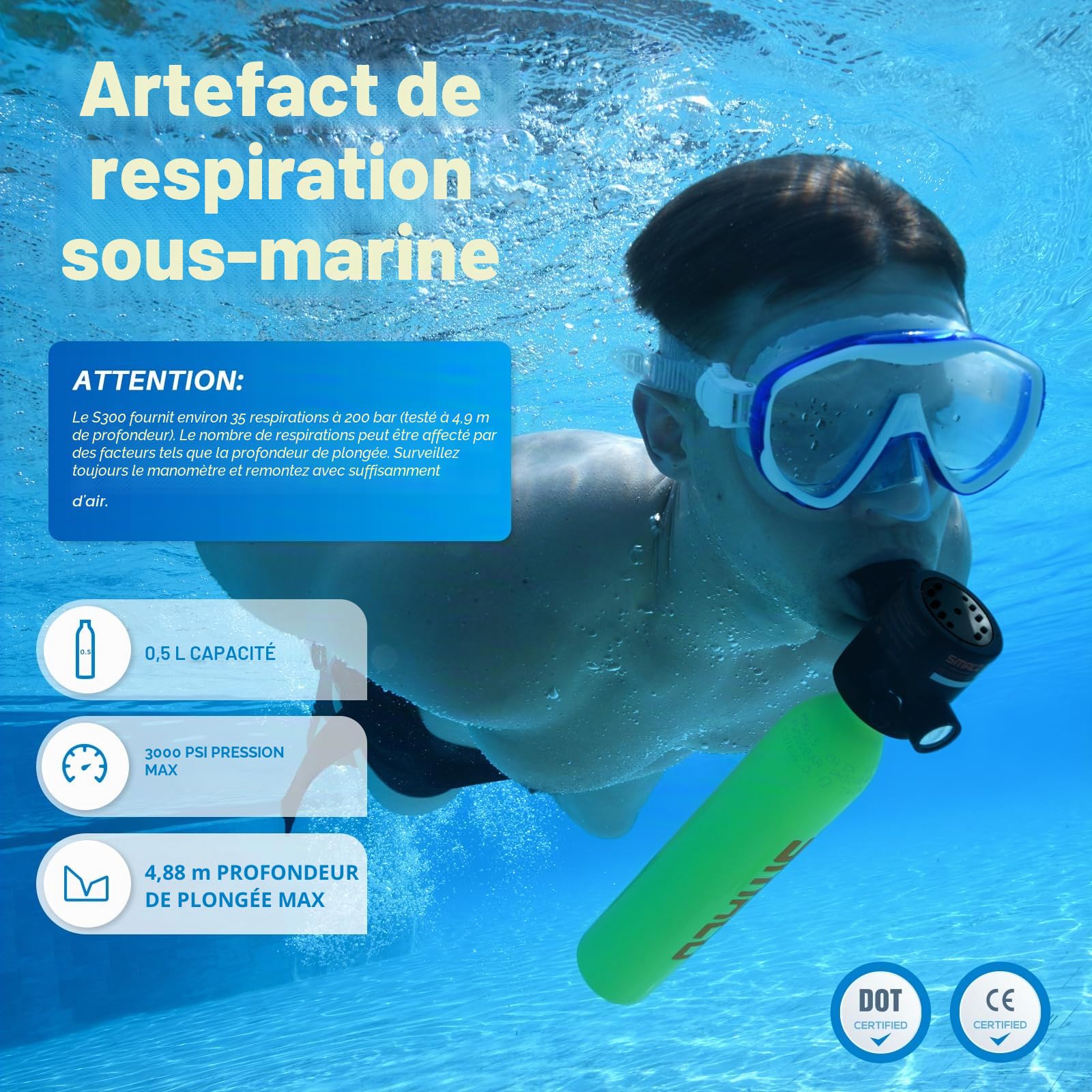 SMACO S300 Mini Bouteille de Plongée Rechargeable 0,5L Petite Bouteille de Plongee sous-Marine Mini Bouteille d'oxygène Plongee pour Respirer sous l'eau Nettoyage du Bateau Source d'air de Secours