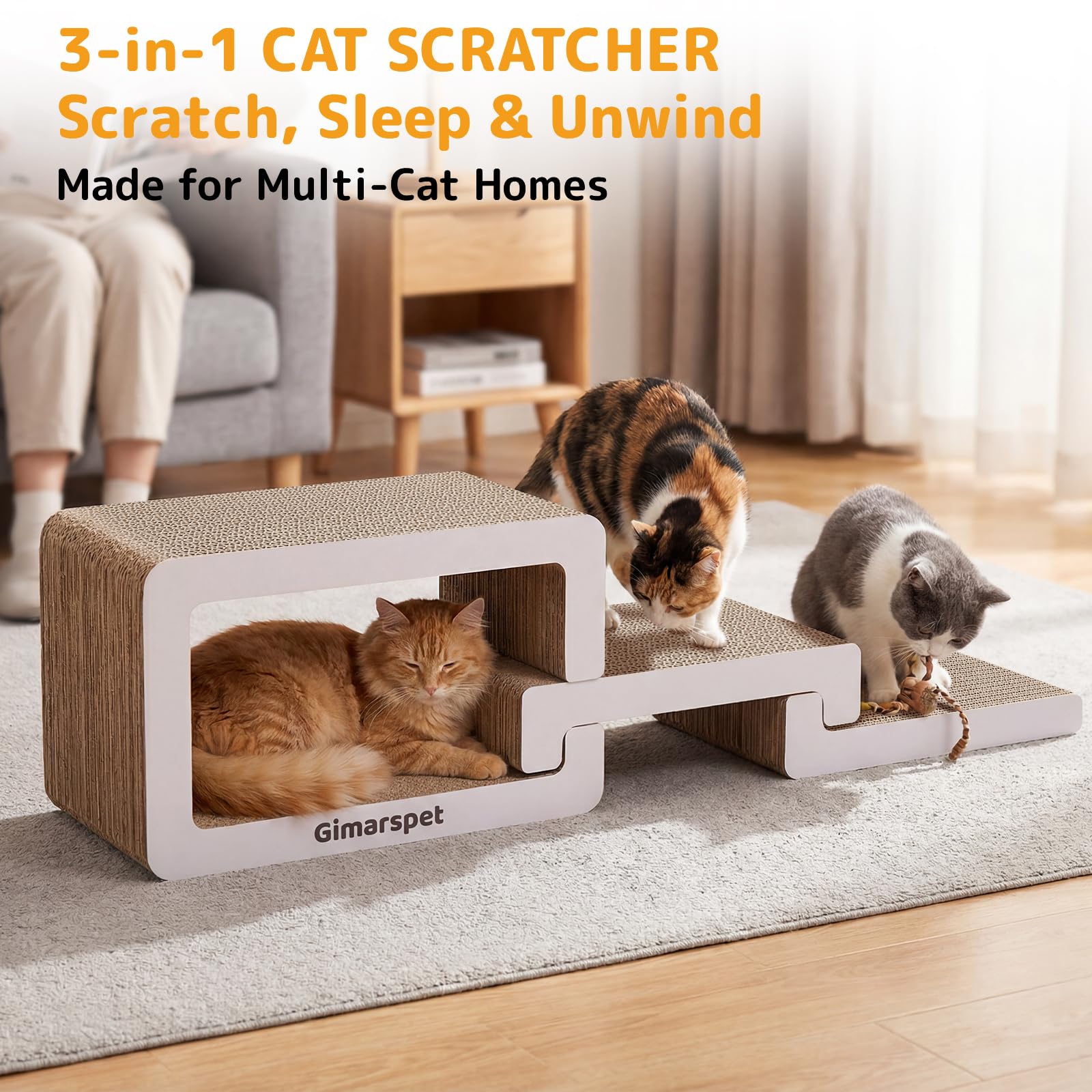 Gimars 3 in 1 Kratzbrett Katze XXL – Stilvolles Kratzmöbel aus Wellpappe, Stufen-Design Katzentreppe für Sofa & Bett, Aufstiegshilfe für Senior & Munchkin Katzen, Katzenlounge