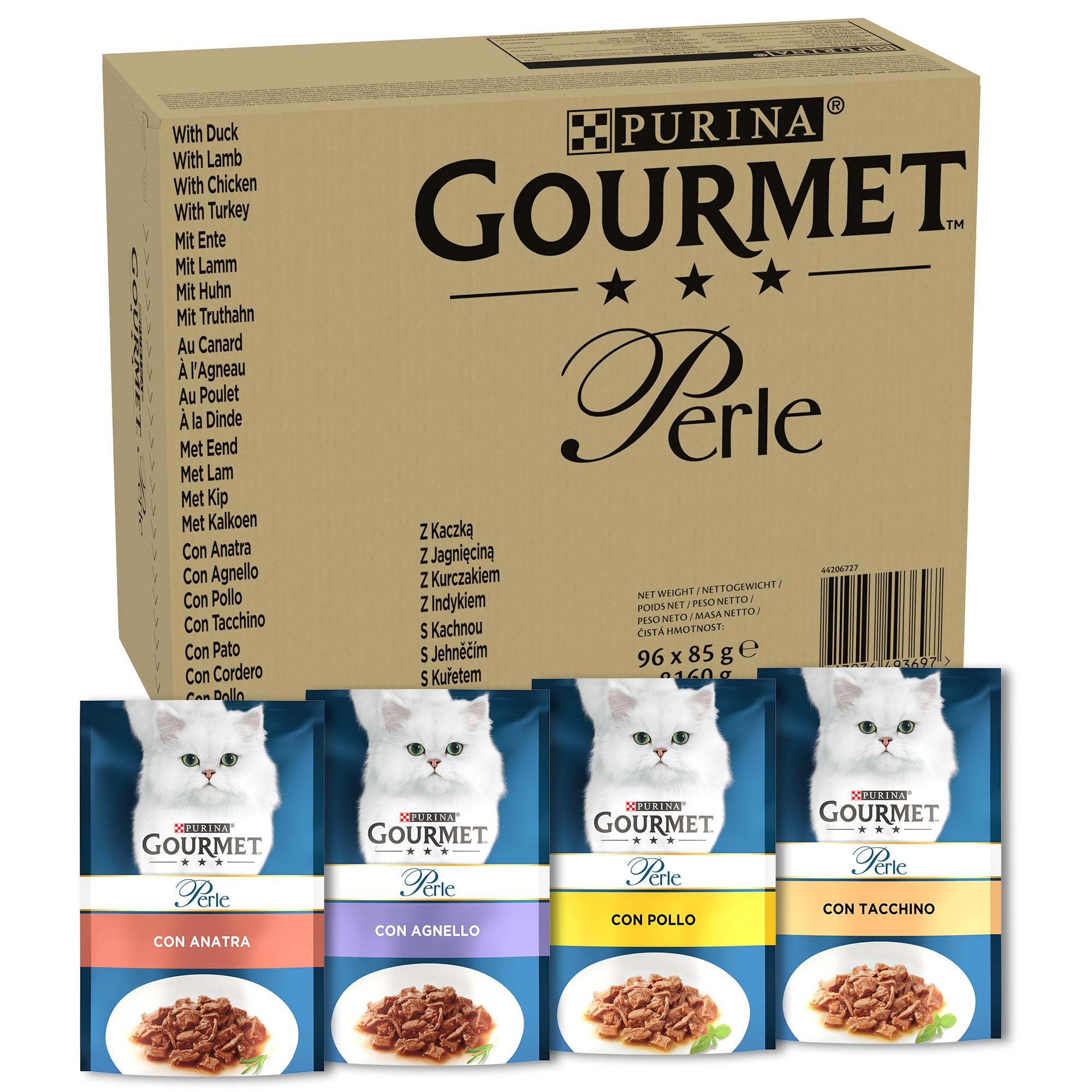 GOURMET Perle Cibo Umido per Gatti Adulti Filettini in salsa con Anatra, Agnello, Pollo, Tacchino 96 Buste da 85g