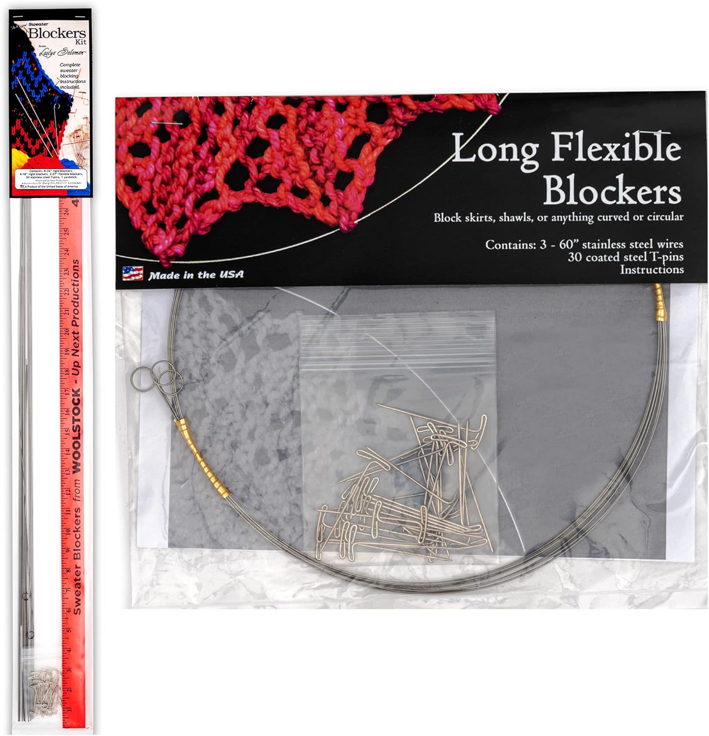 Leslye Solomon's Blocking Wires Bundle - Original Blockers Kit and (3) 60" Long Flex Blockers Kit. (8) - 36",(4)-18" Straight. (2) 27" Flex blockers, 60-T-pins, neon Yardstick & Blocking Directions