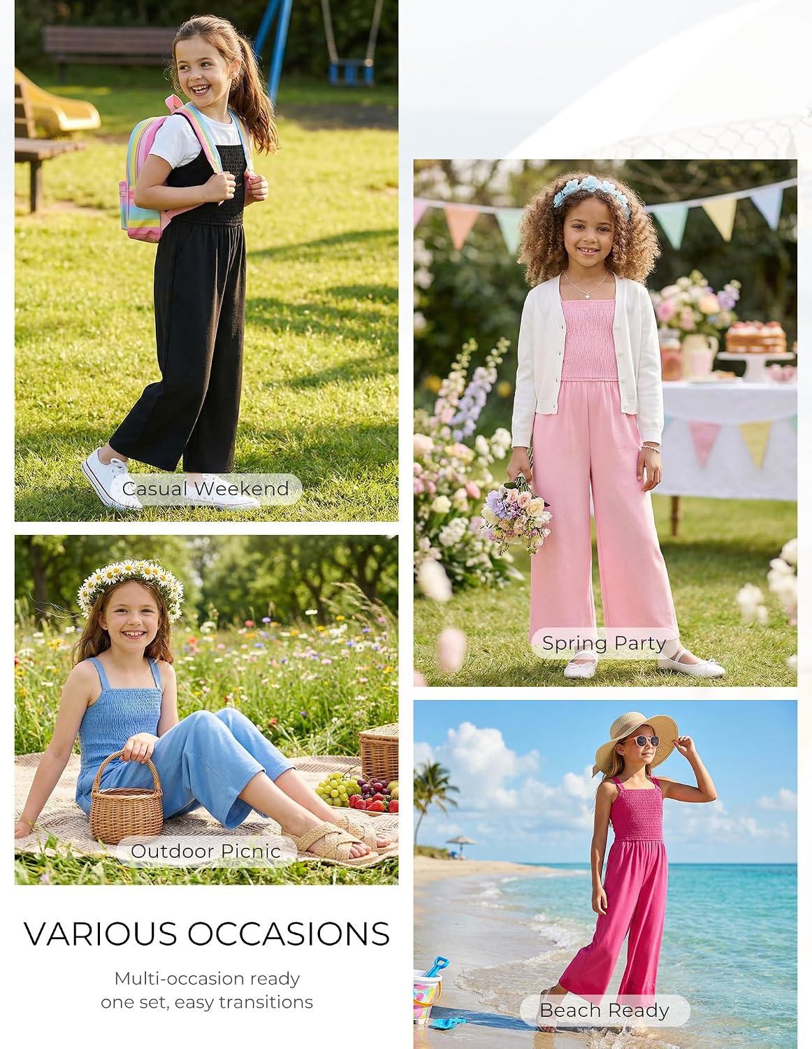 GRACE KARIN Girls Solid Jumpsuit Girl Summer Romper Pants Kids Long Spring Rompers with Pockets