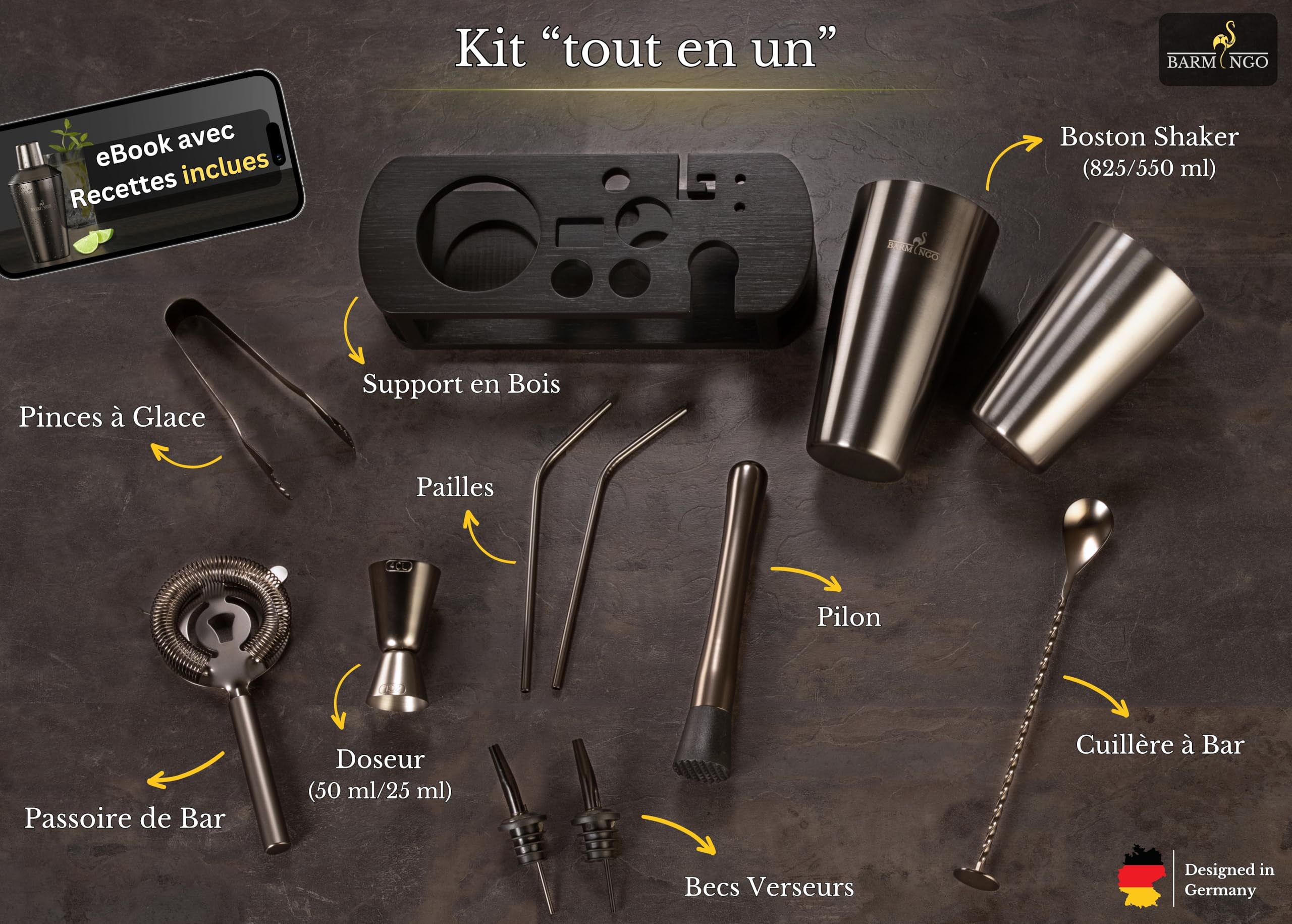 Boston Shaker Cocktail Kit | 11 Pièces, Volume de 825 ML, Noir Métallisé | Shaker Cocktail INOX avec Support et Accessoires de Bar |Set Barman Cocktail Shaker |Kit Cocktail Professionnel