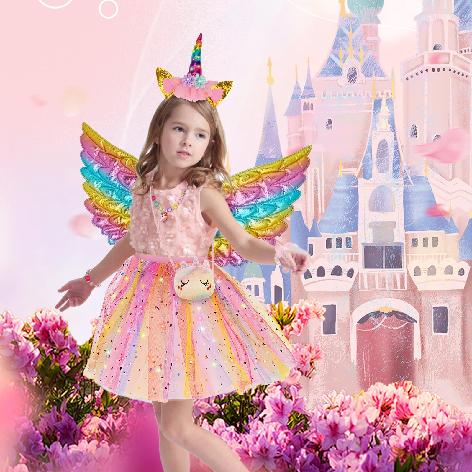 Kostium jednorożca, tęczowa spódnica tiulowa, dla dziewczynki, jednorożec, opaska na włosy, skrzydła na Halloween, karnawał, Cosplay, urodziny